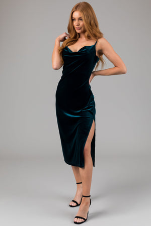 She+Sky Dark Teal Cowl Neck Velvet Midi Dress