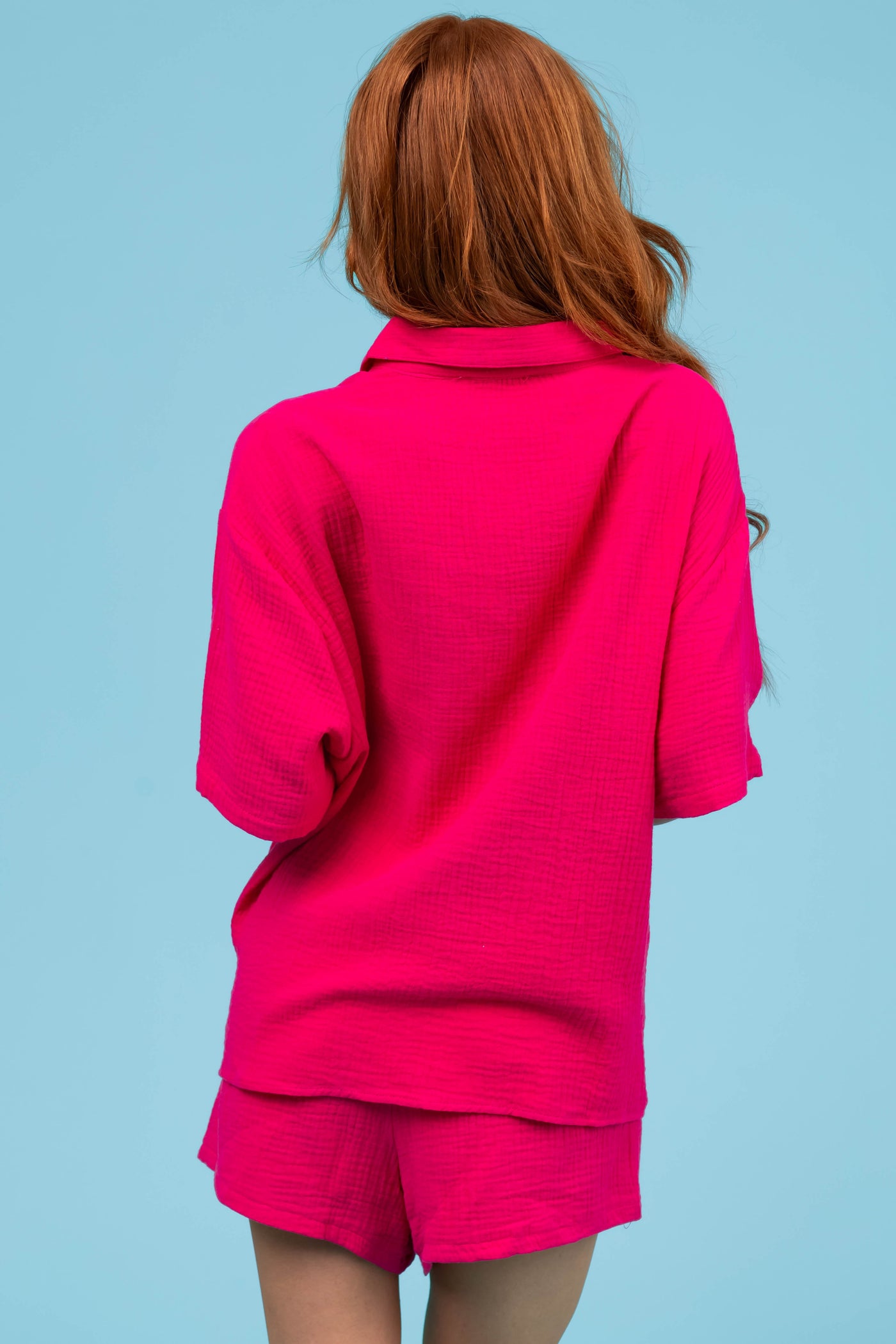 She+Sky Hot Pink Chest Pocket Half Sleeve Shirt