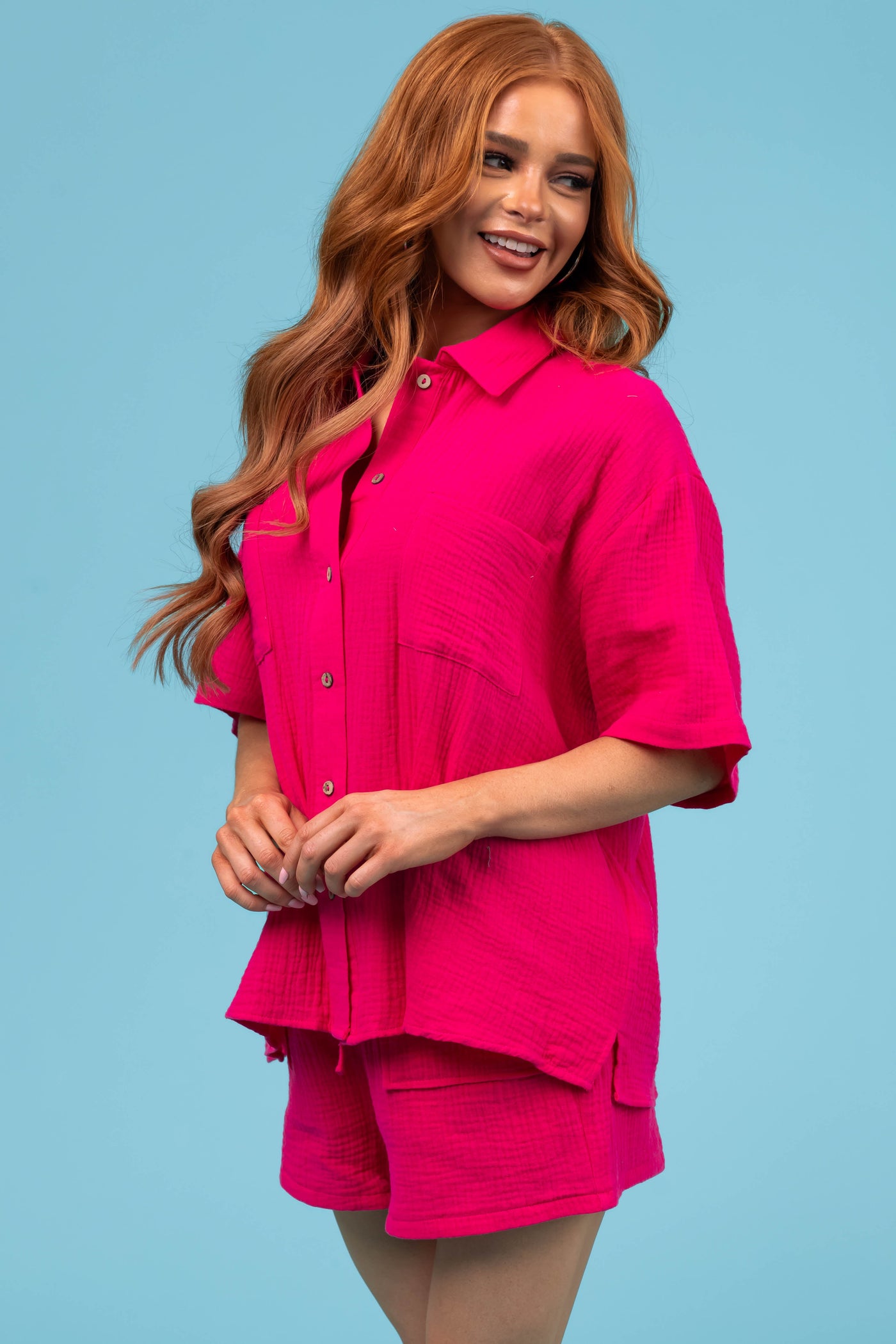 She+Sky Hot Pink Chest Pocket Half Sleeve Shirt