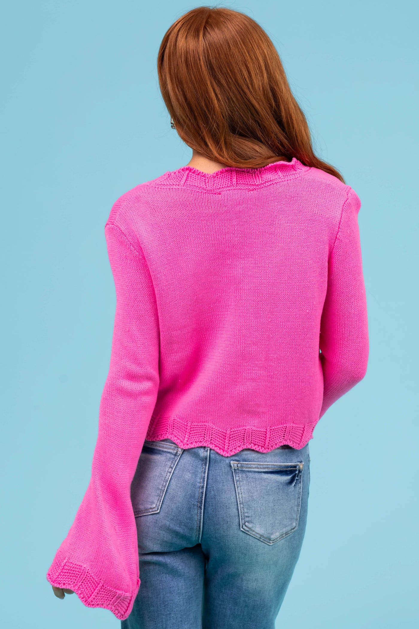 She+Sky Hot Pink Front Ties Scalloped Cardigan