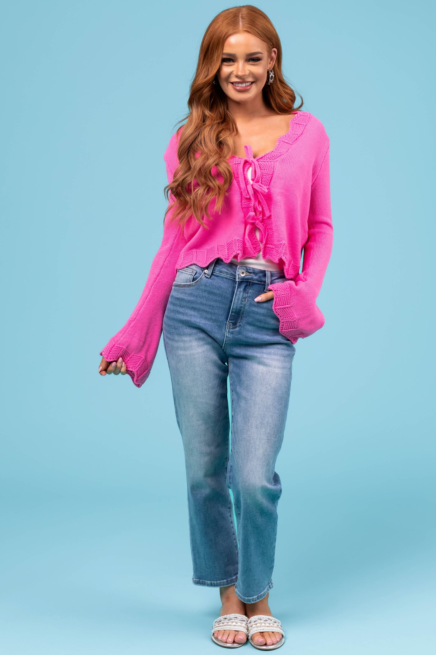 She+Sky Hot Pink Front Ties Scalloped Cardigan