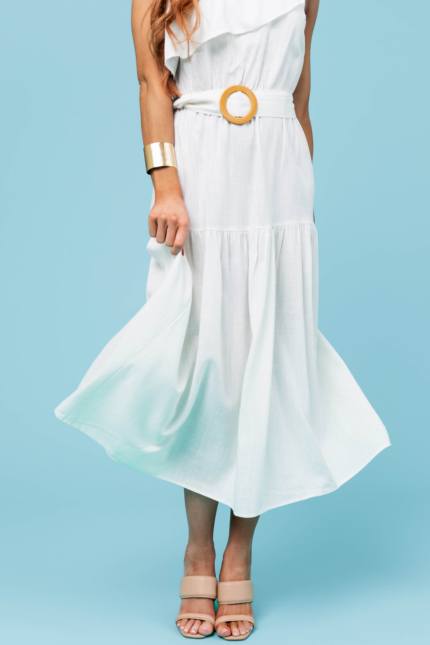She+Sky Ivory Ruffle One Shoulder Midi Dress