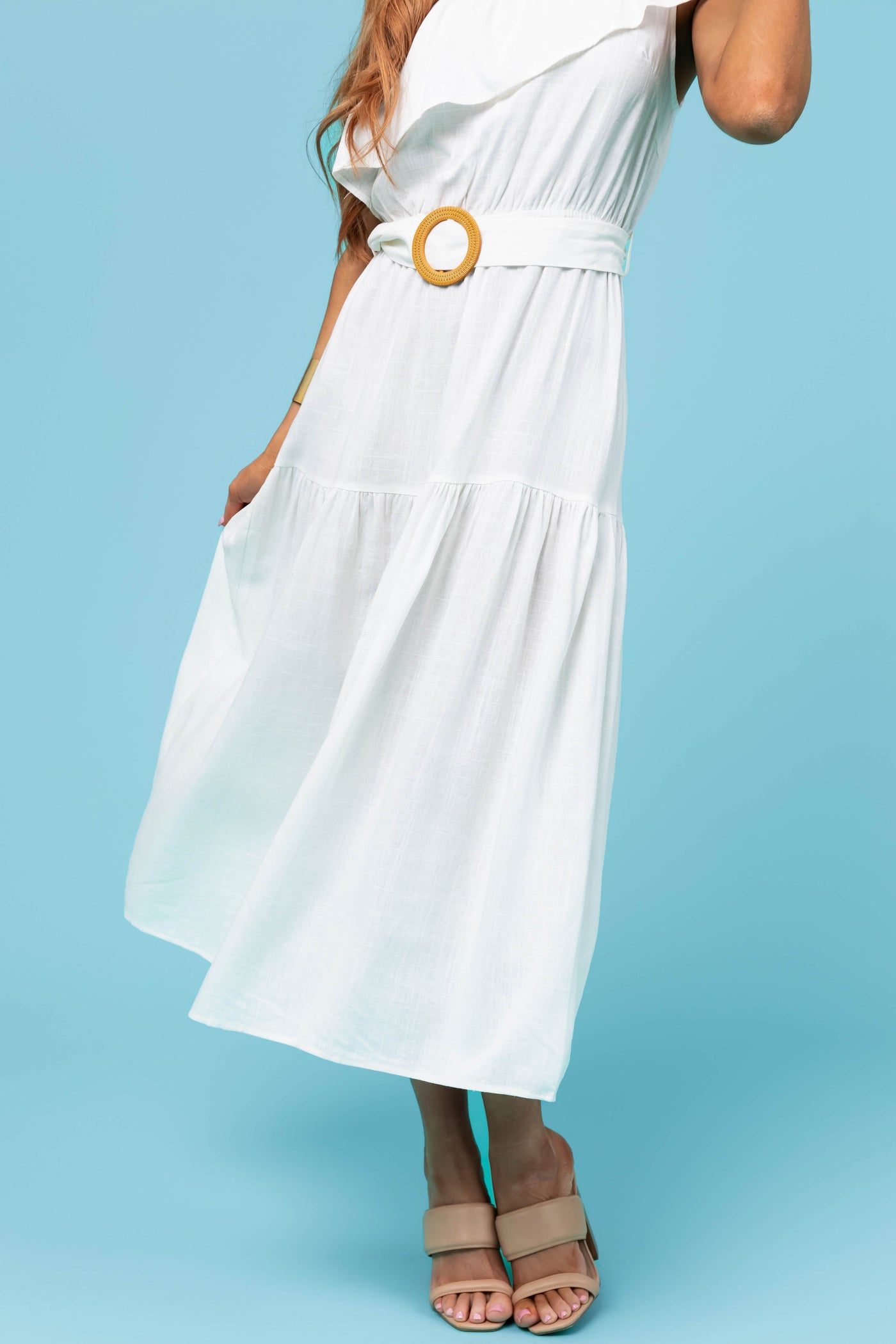 She+Sky Ivory Ruffle One Shoulder Midi Dress
