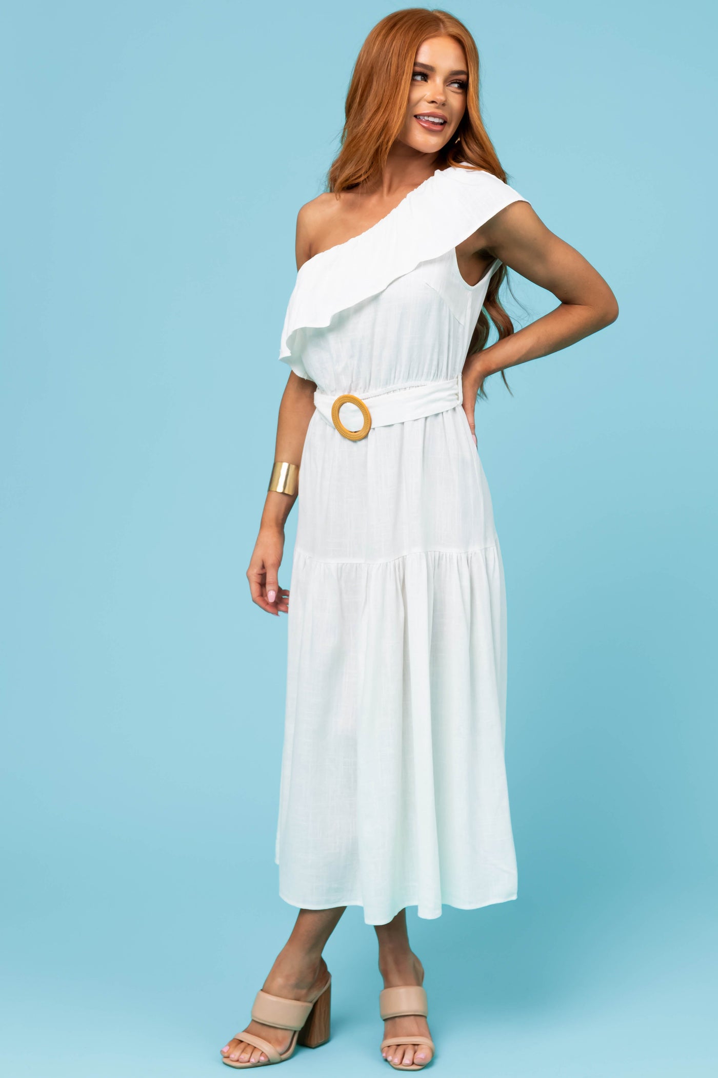 She+Sky Ivory Ruffle One Shoulder Midi Dress
