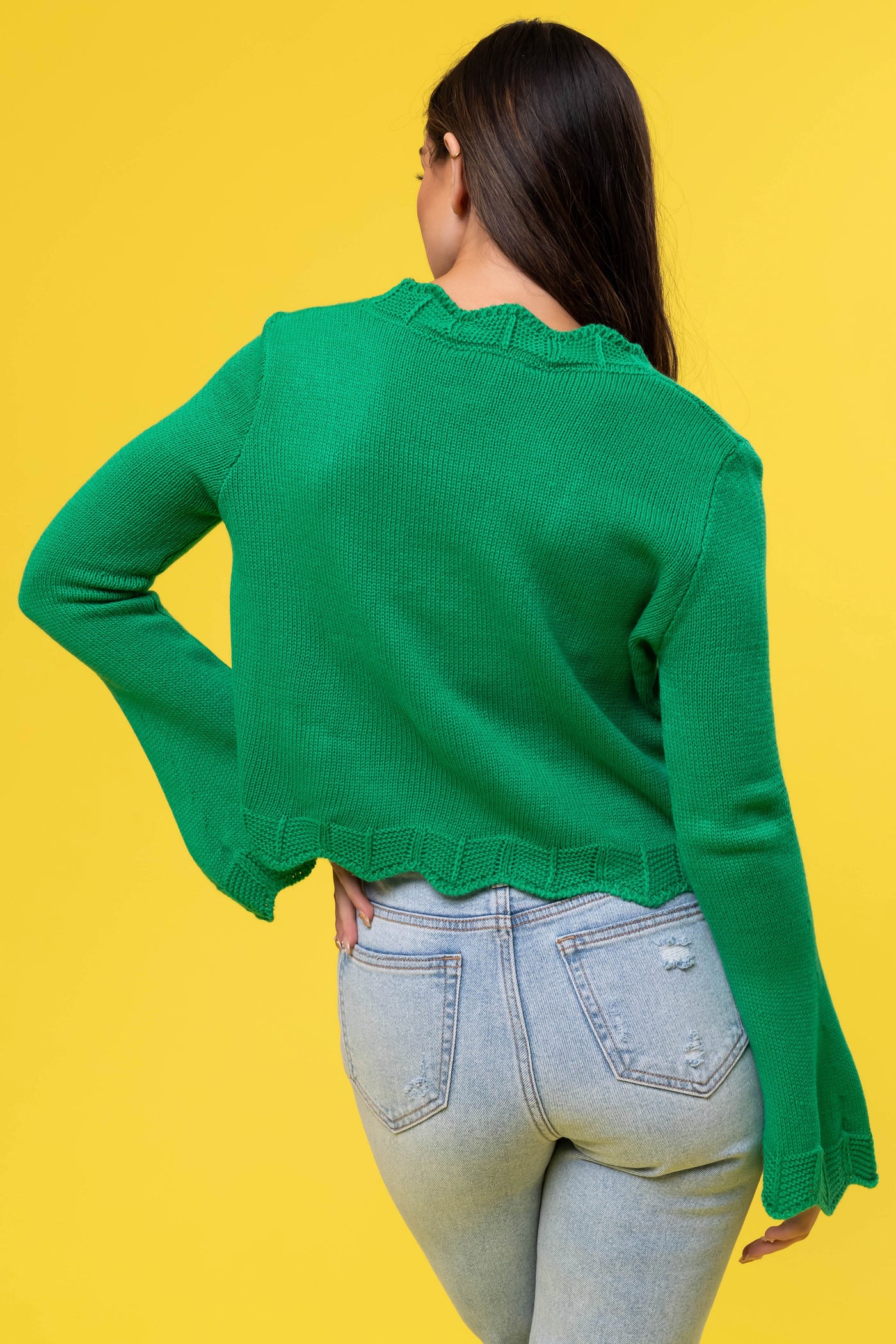 She+Sky Kelly Green Front Ties Scalloped Cardigan