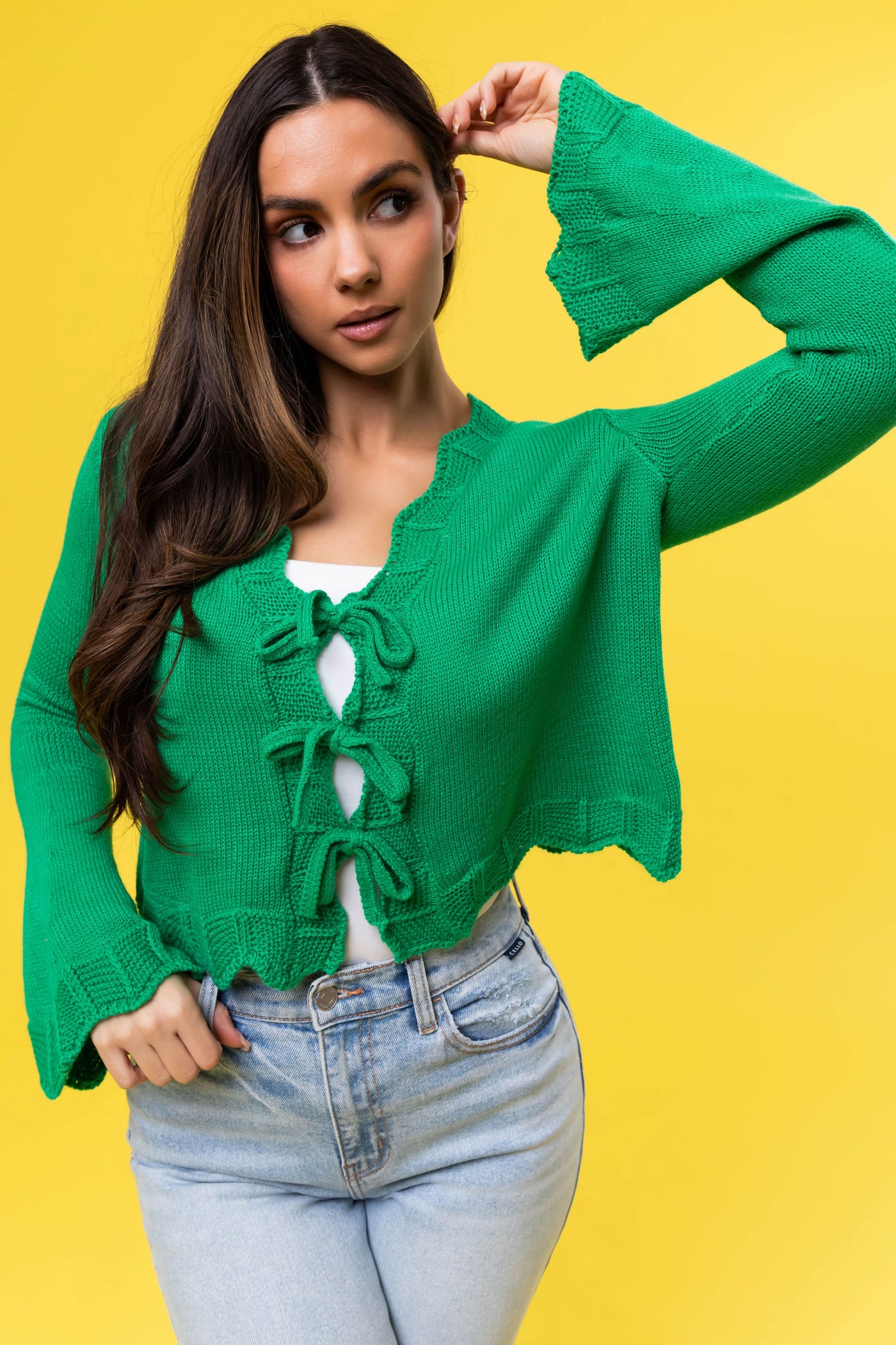 She+Sky Kelly Green Front Ties Scalloped Cardigan