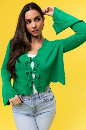 She+Sky Kelly Green Front Ties Scalloped Cardigan