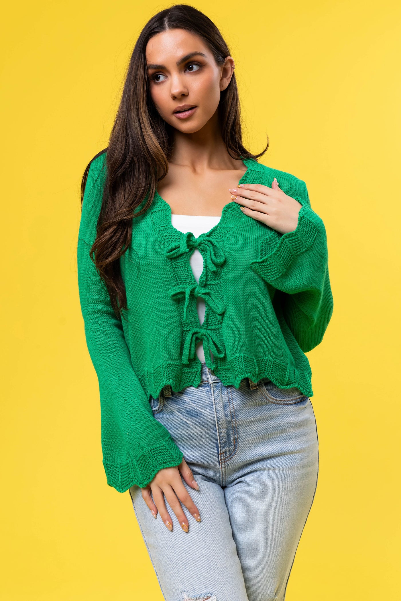 She+Sky Kelly Green Front Ties Scalloped Cardigan