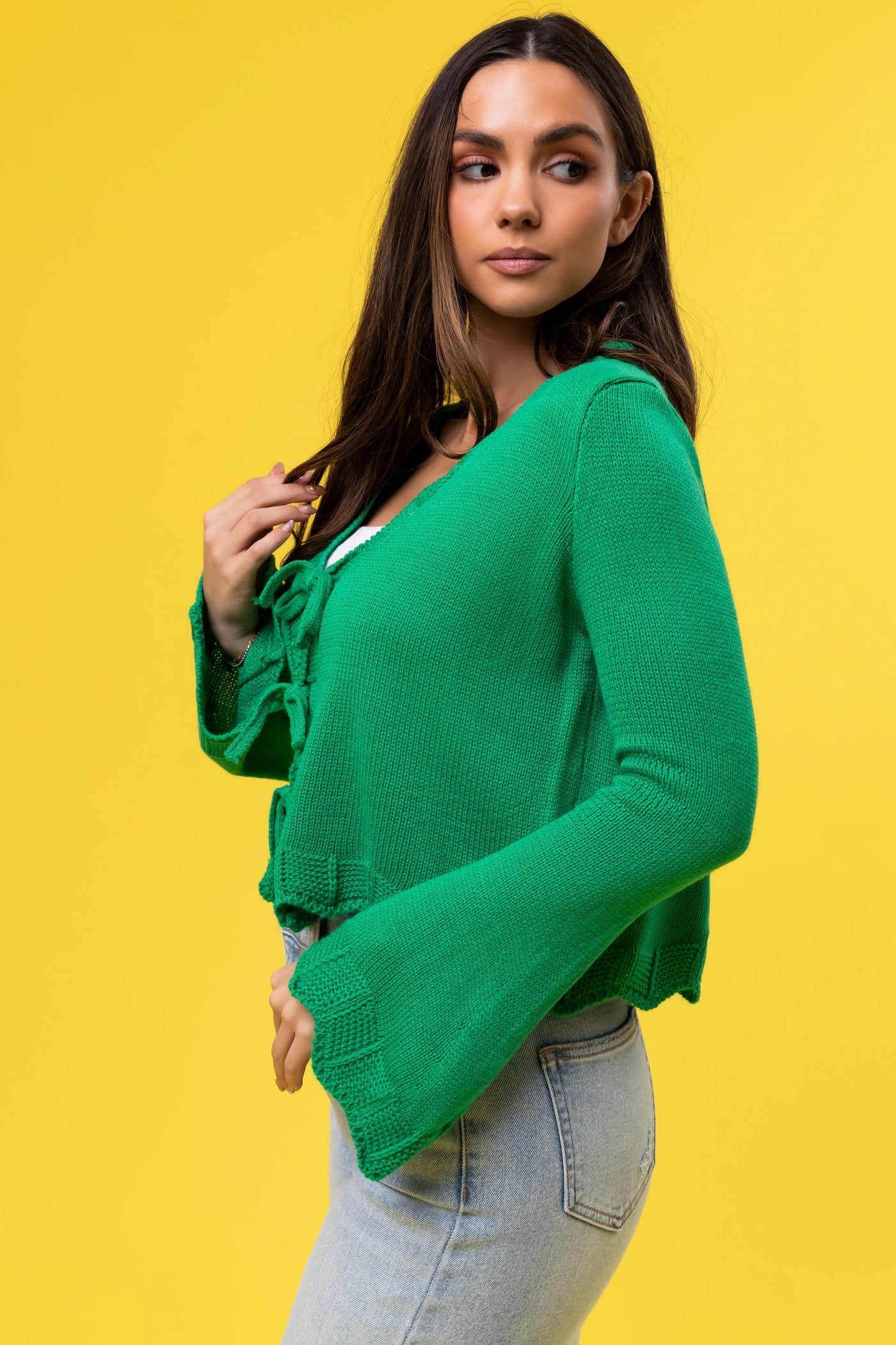 She+Sky Kelly Green Front Ties Scalloped Cardigan