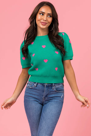 She+Sky Kelly Green Heart Short Sleeve Sweater