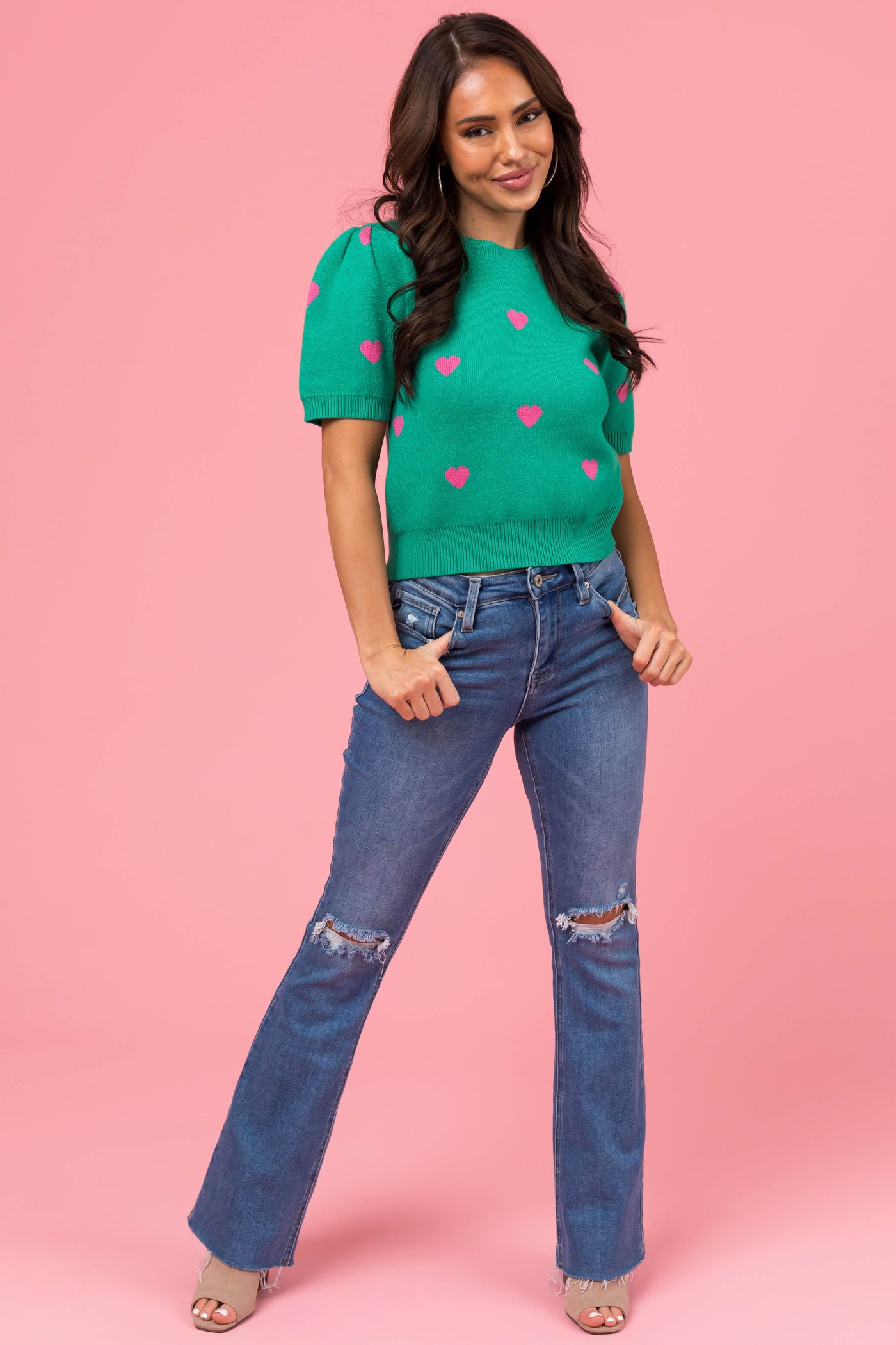 She+Sky Kelly Green Heart Short Sleeve Sweater