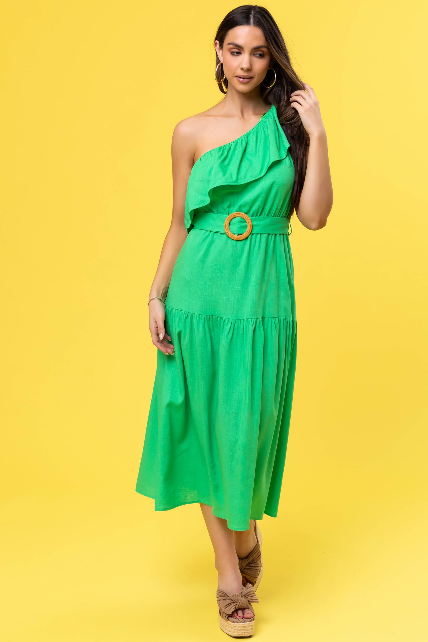 She+Sky Kelly Green Ruffle One Shoulder Midi Dress