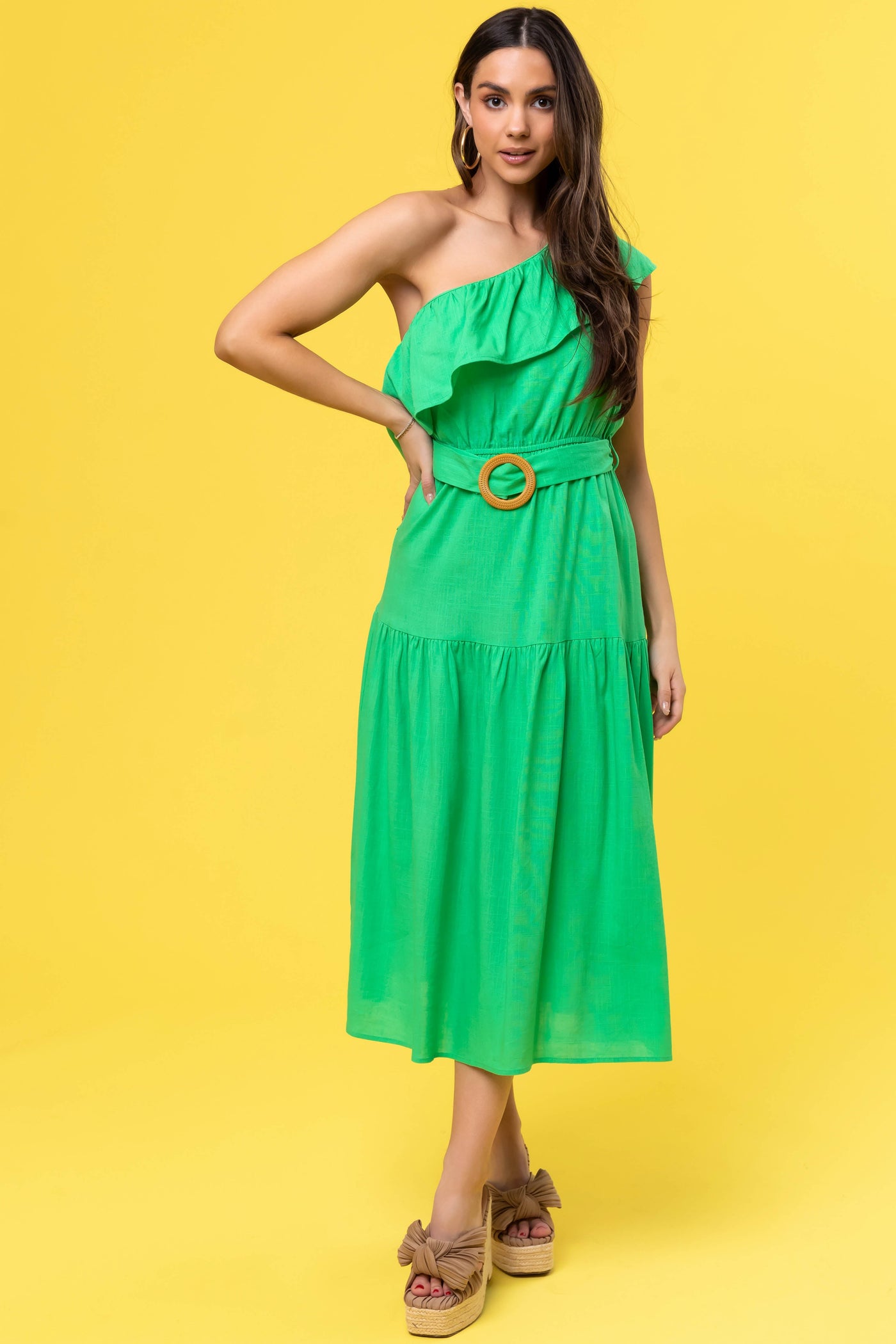She+Sky Kelly Green Ruffle One Shoulder Midi Dress