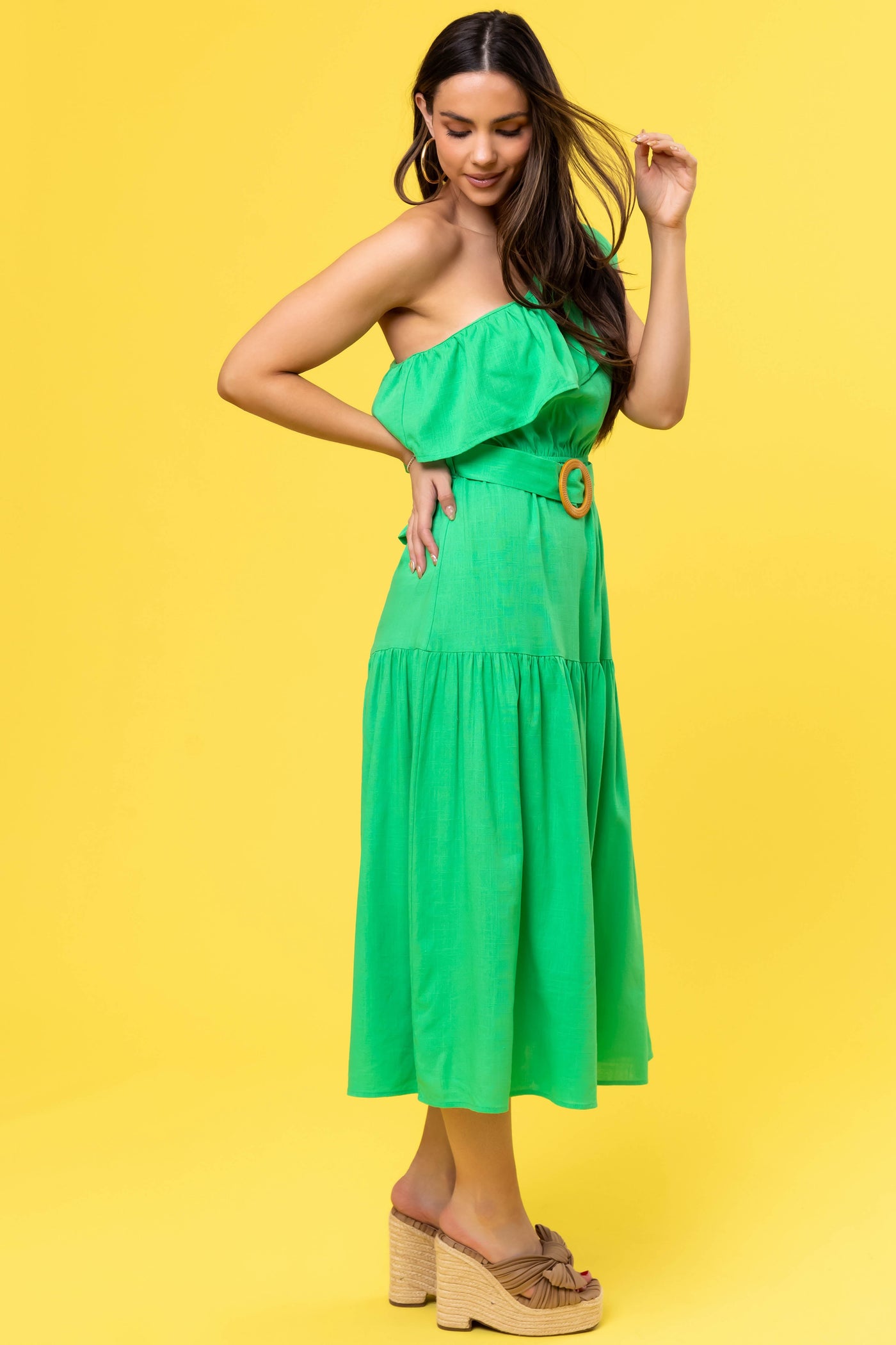She+Sky Kelly Green Ruffle One Shoulder Midi Dress