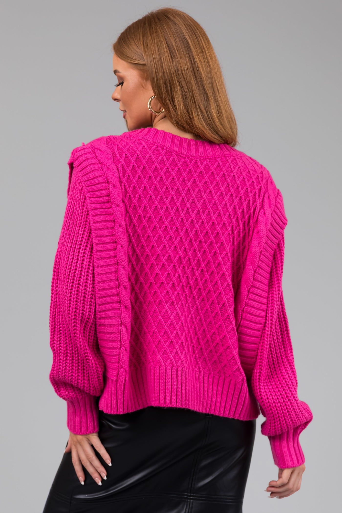 She+Sky Magenta Lattice Knit V Neck Sweater
