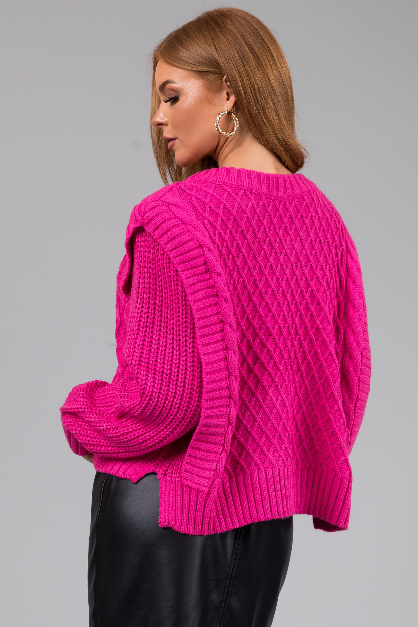 She+Sky Magenta Lattice Knit V Neck Sweater
