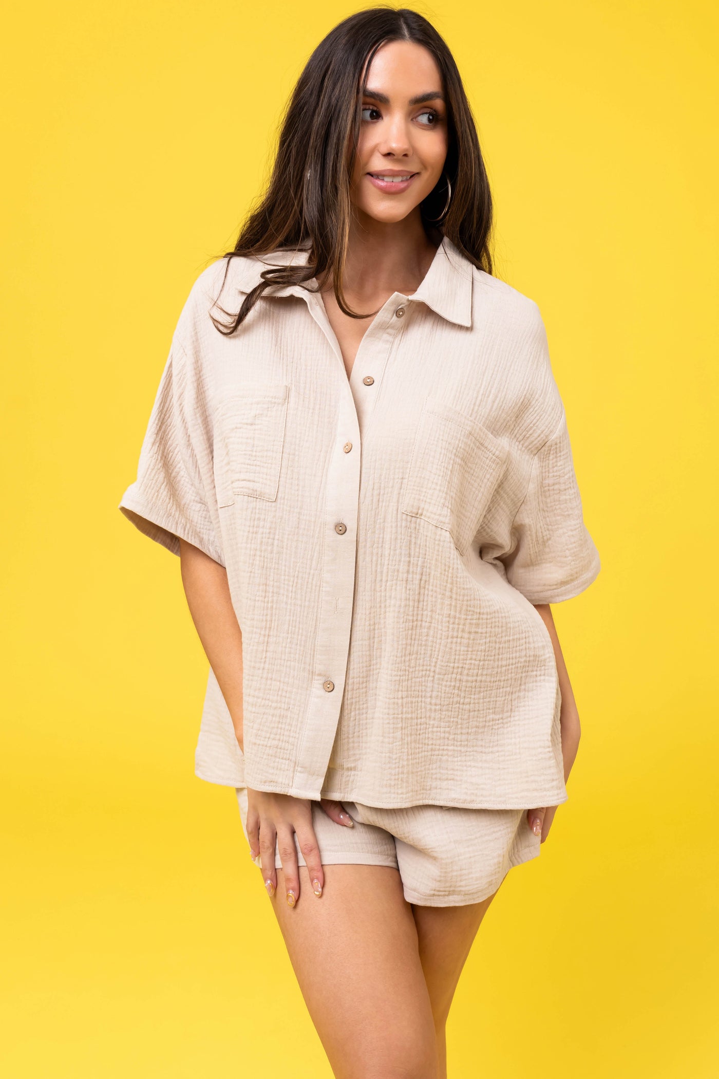 She+Sky Natural Chest Pocket Half Sleeve Shirt