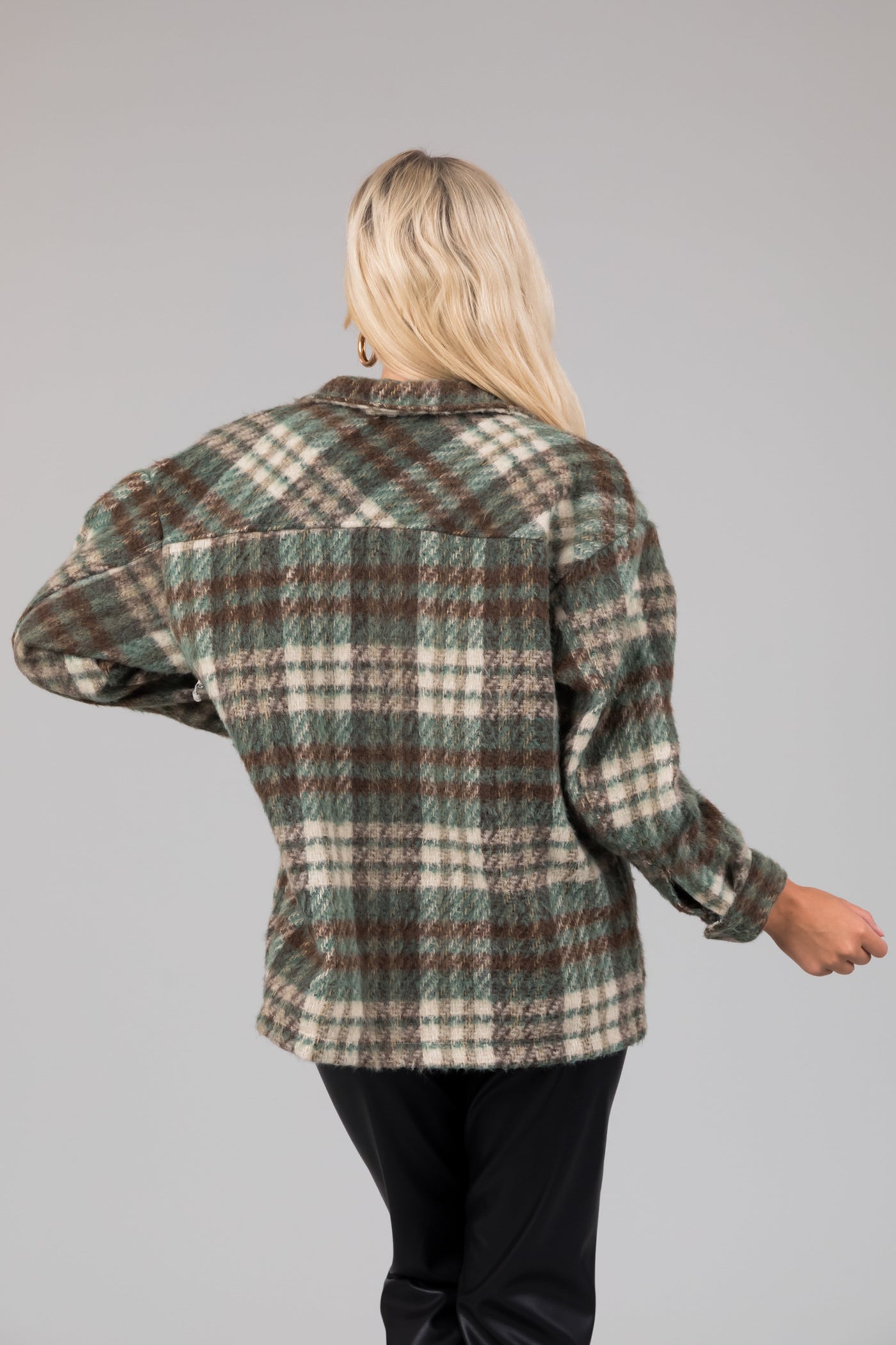 She+Sky Olive Brushed Plaid Button Down Shacket