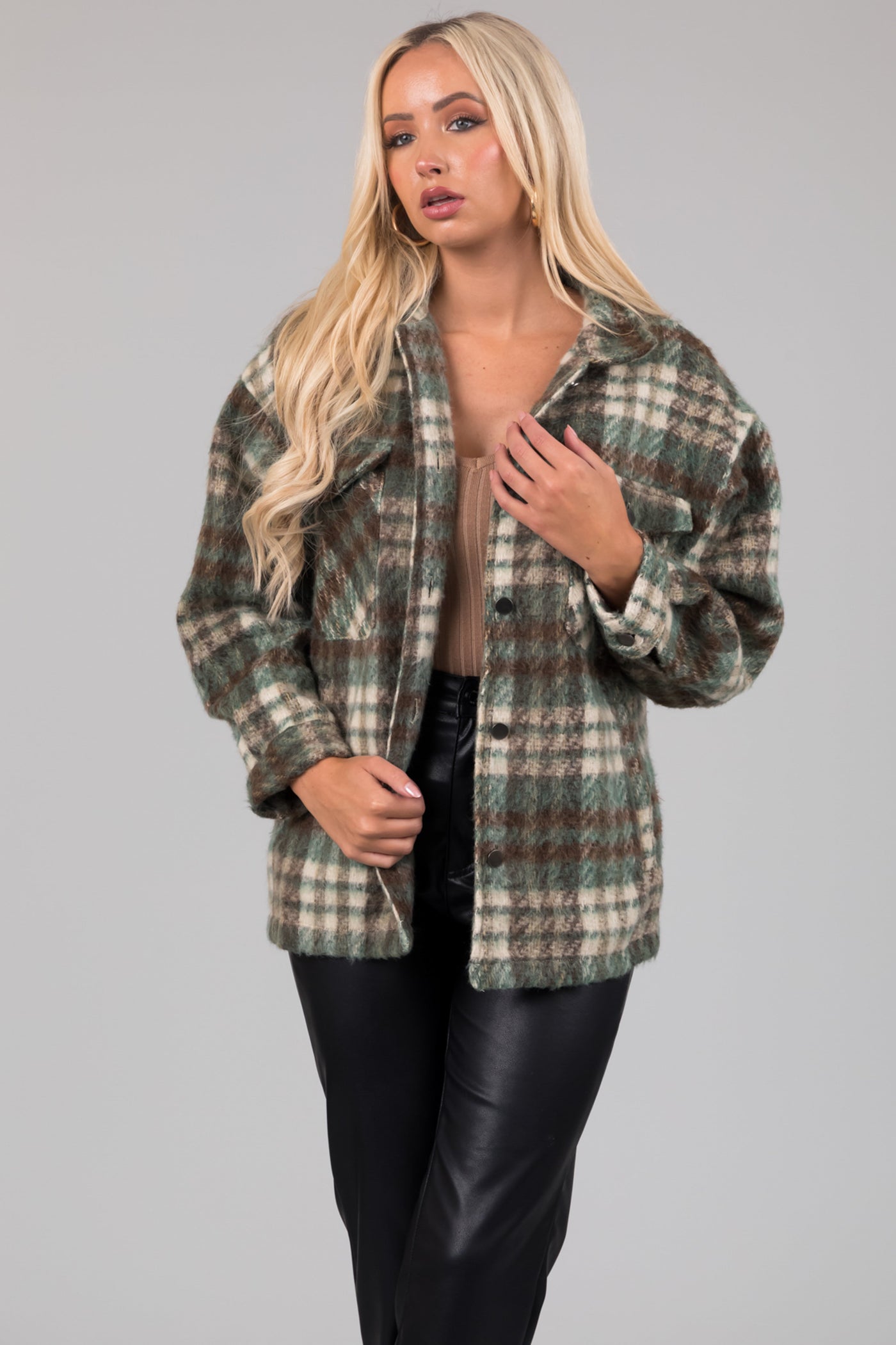 She+Sky Olive Brushed Plaid Button Down Shacket