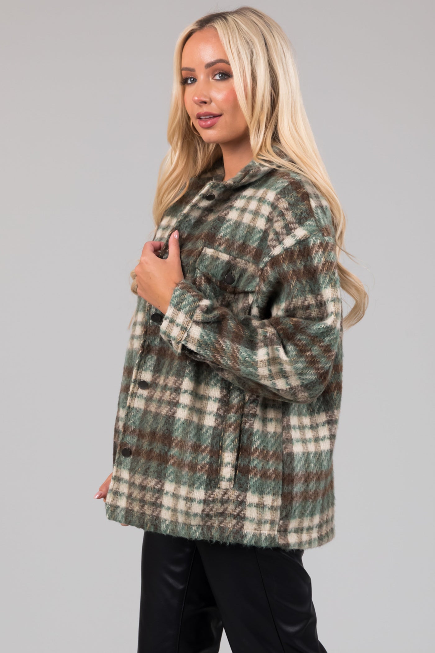 She+Sky Olive Brushed Plaid Button Down Shacket