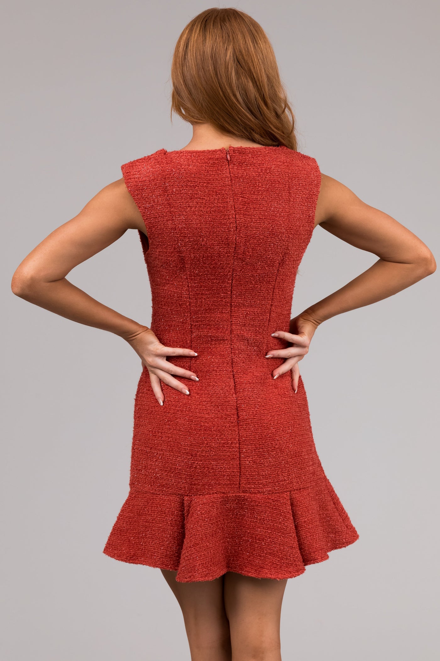 She+Sky Pumpkin Sleeveless Ruffle Hem Tweed Dress