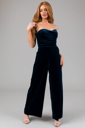 She+Sky Sapphire Strapless Draped Velvet Jumpsuit