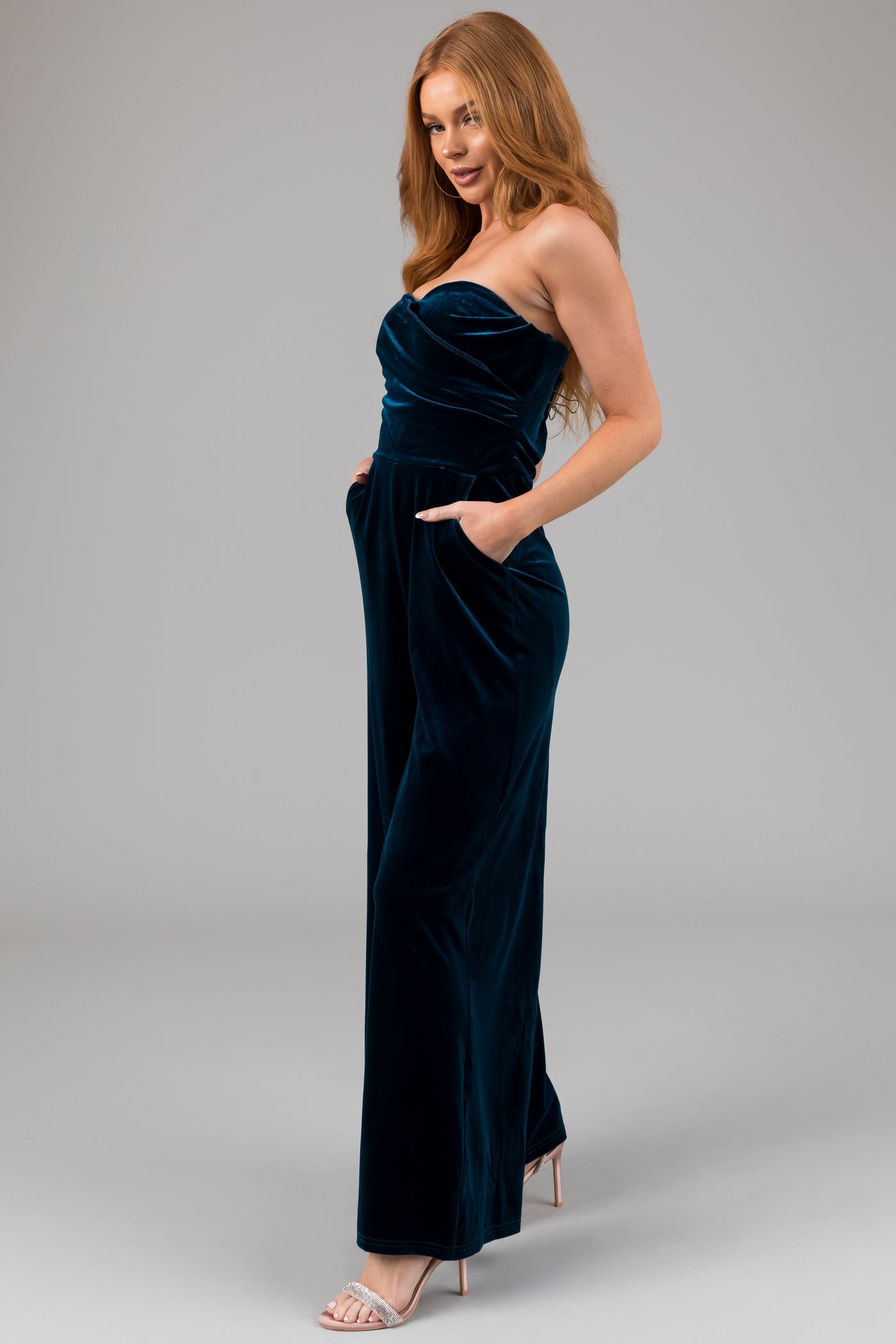She+Sky Sapphire Strapless Draped Velvet Jumpsuit