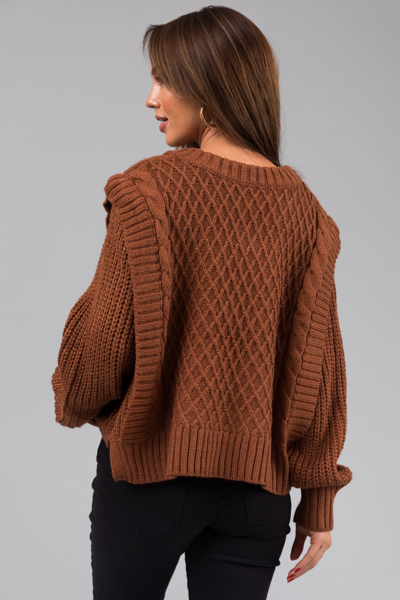She+Sky Sepia Lattice Knit V Neck Sweater