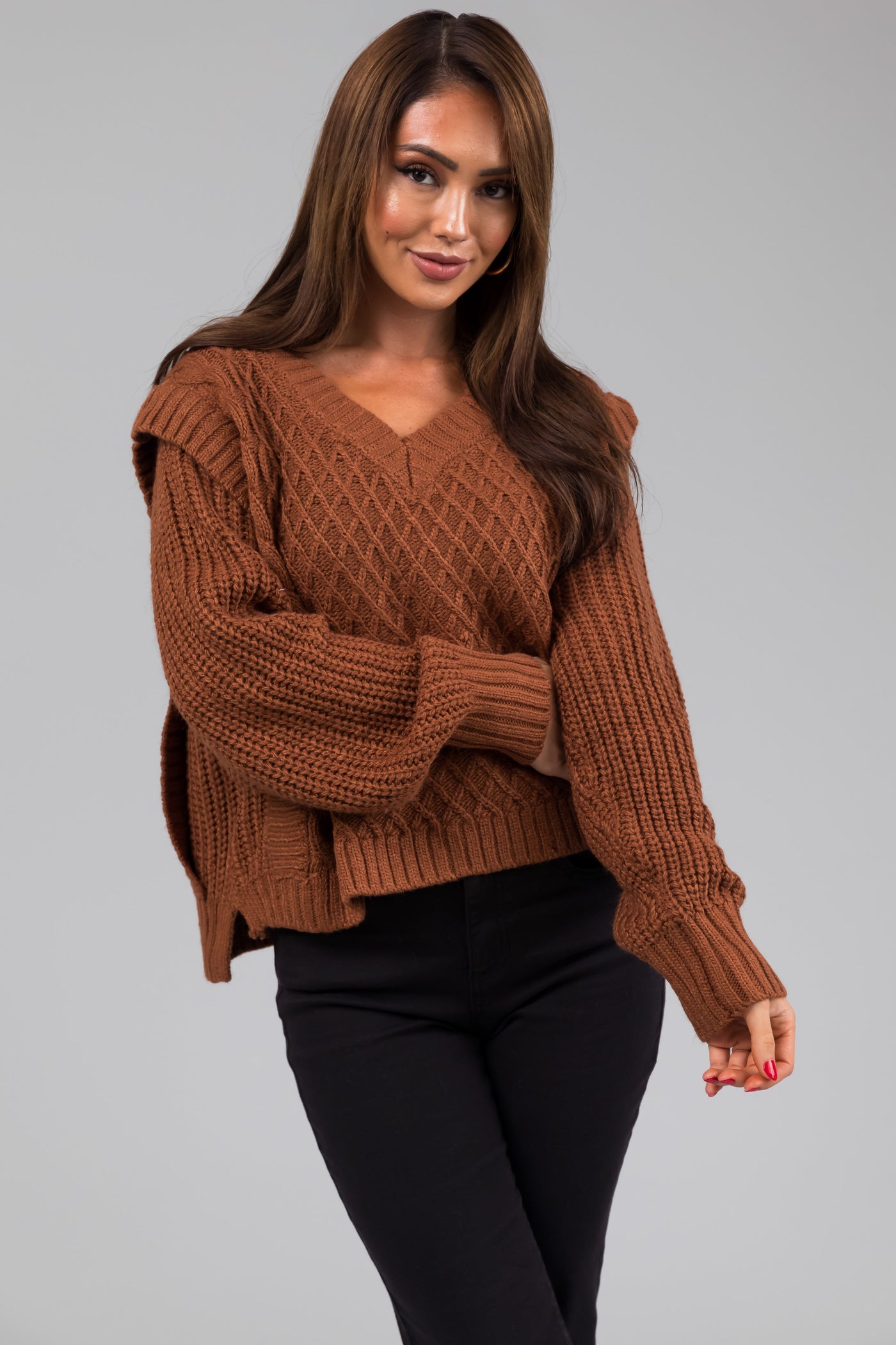 She+Sky Sepia Lattice Knit V Neck Sweater