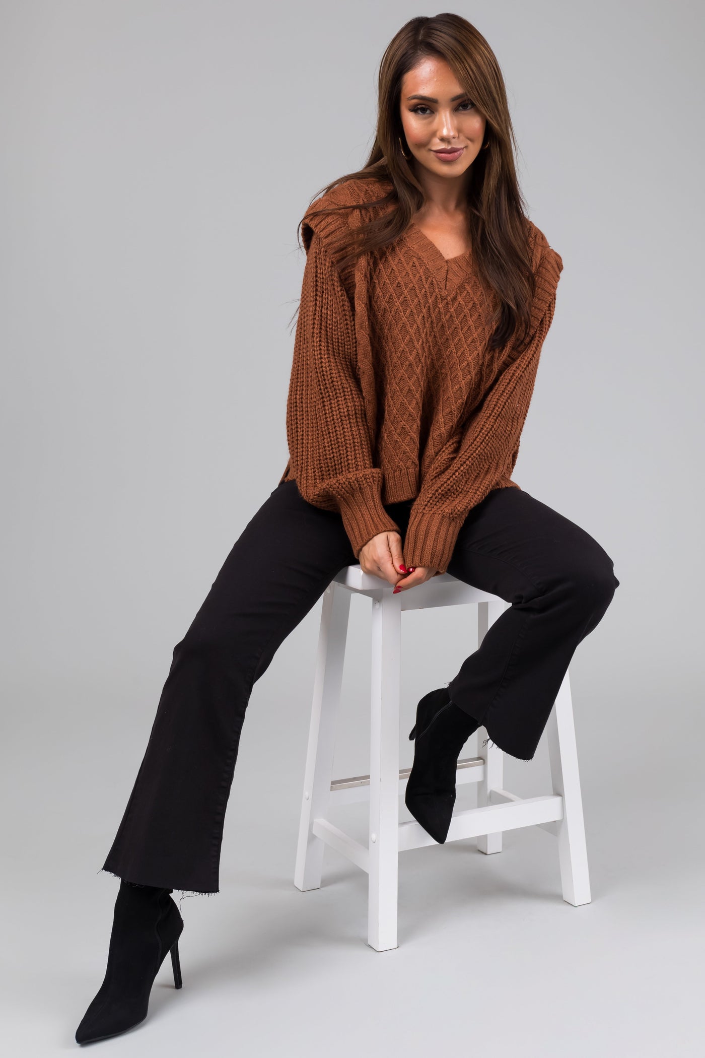She+Sky Sepia Lattice Knit V Neck Sweater
