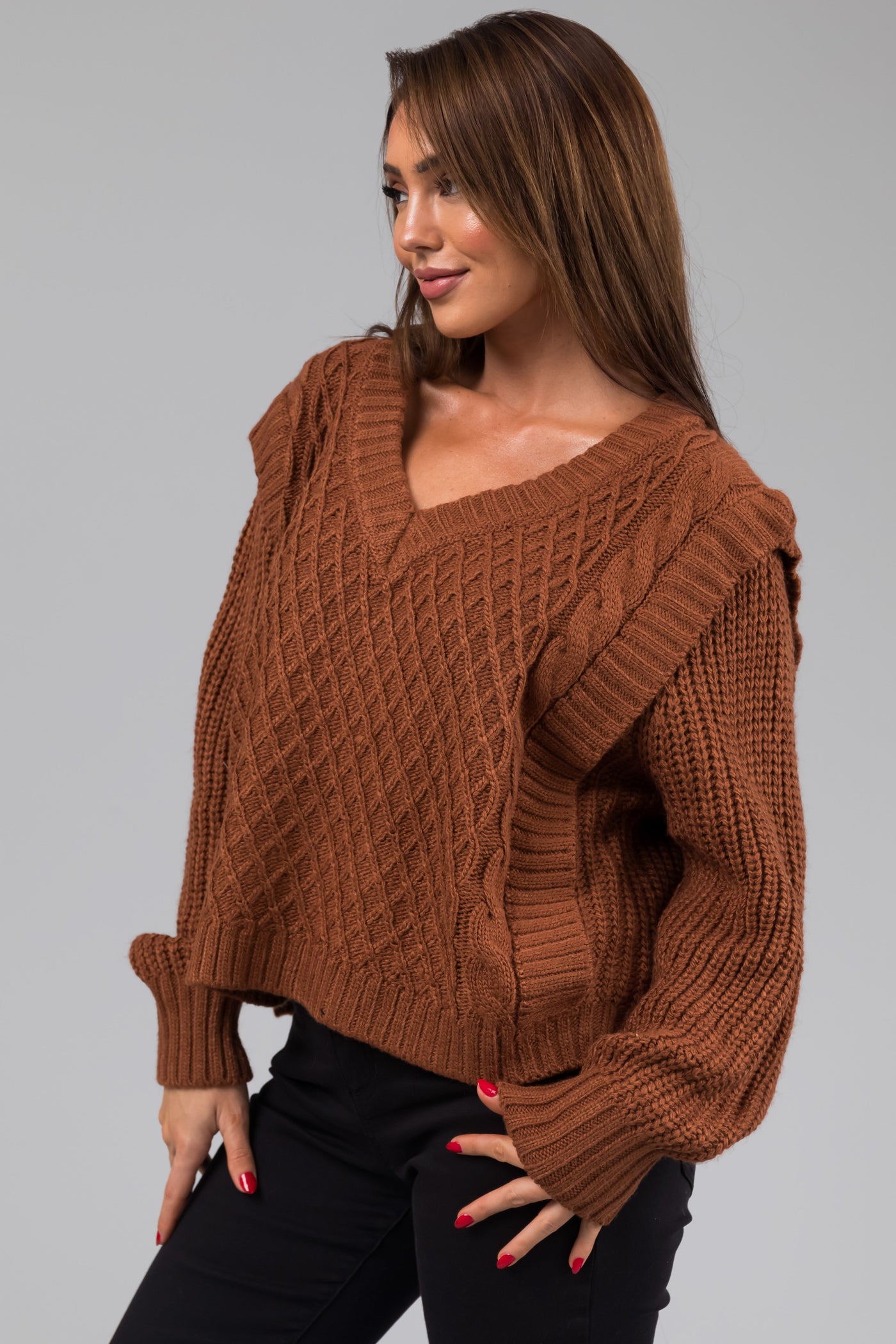 She+Sky Sepia Lattice Knit V Neck Sweater