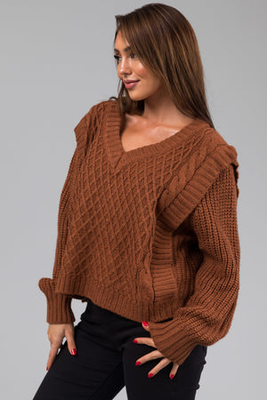 She+Sky Sepia Lattice Knit V Neck Sweater