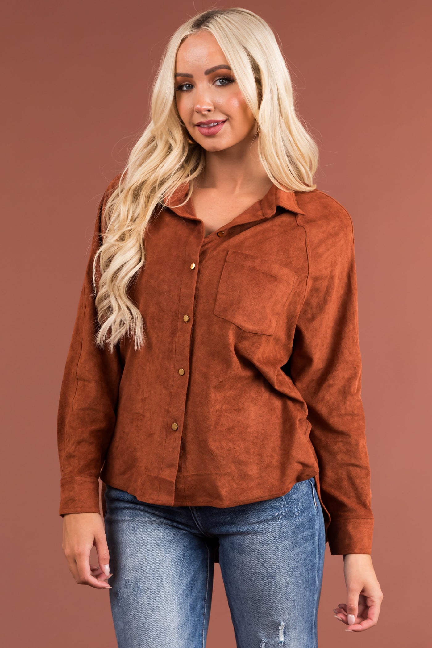 Sienna Faux Suede Button Up Long Sleeve Shirt