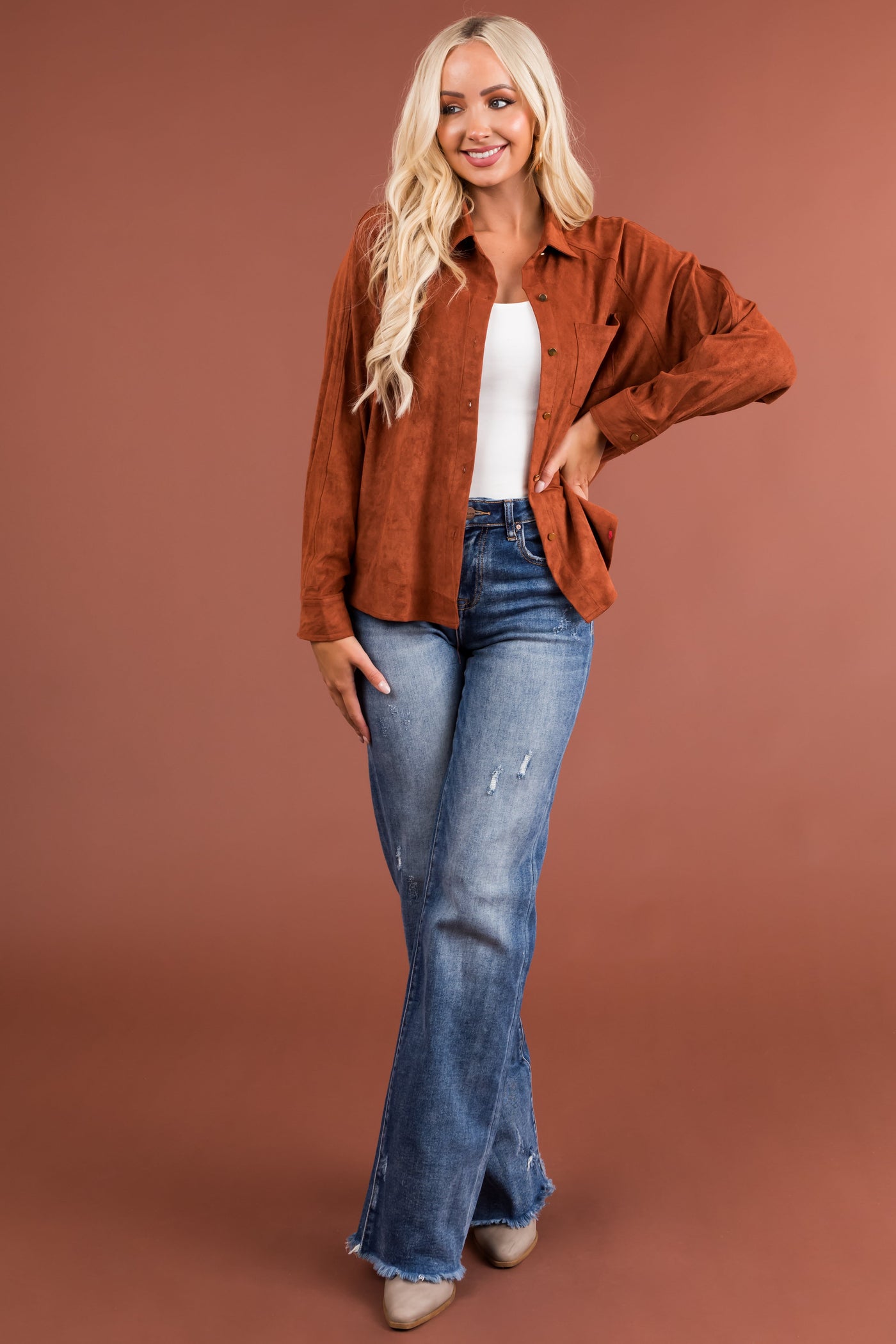 Sienna Faux Suede Button Up Long Sleeve Shirt
