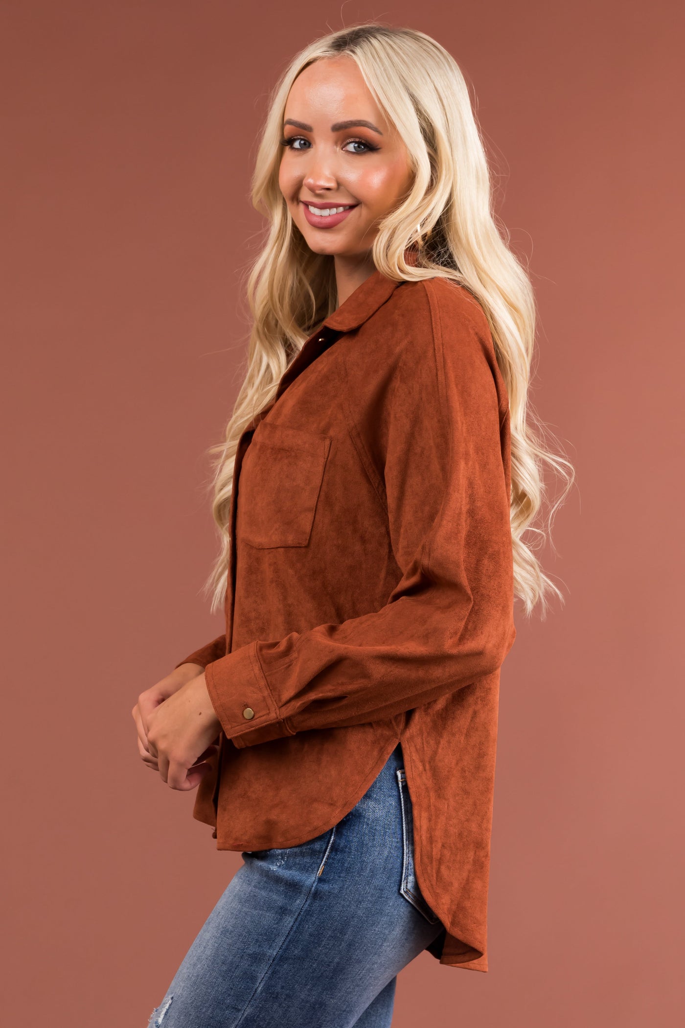 Sienna Faux Suede Button Up Long Sleeve Shirt
