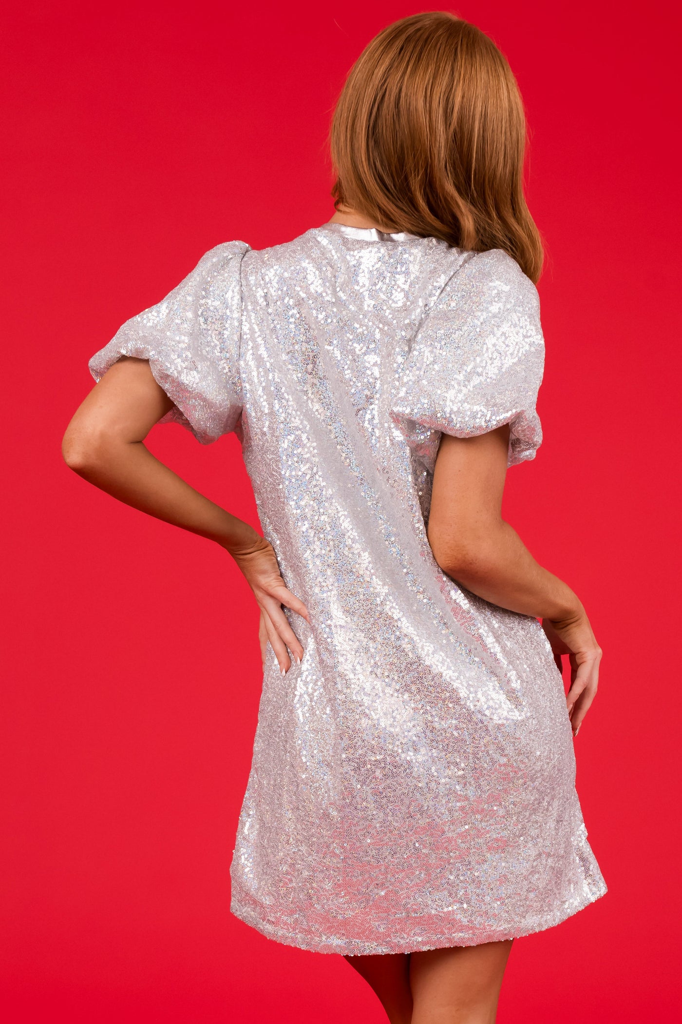 Silver 'Holly Jolly' Puff Sleeve Sequin Mini Dress