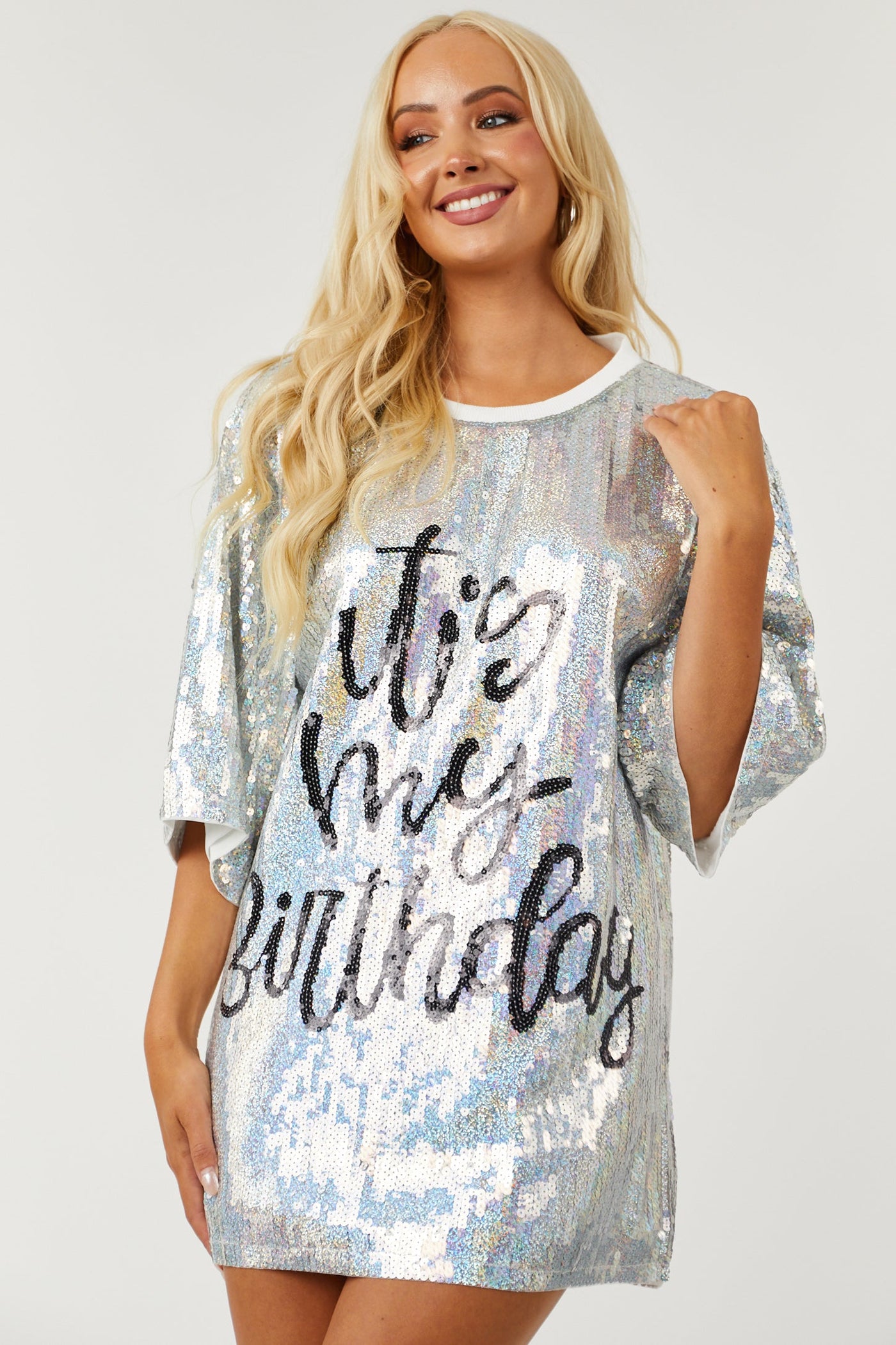 Silver 'It's My Birthday' Sequin Mini Dress