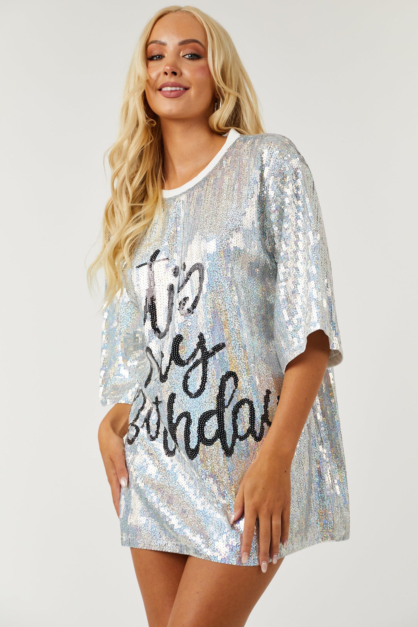Silver 'It's My Birthday' Sequin Mini Dress
