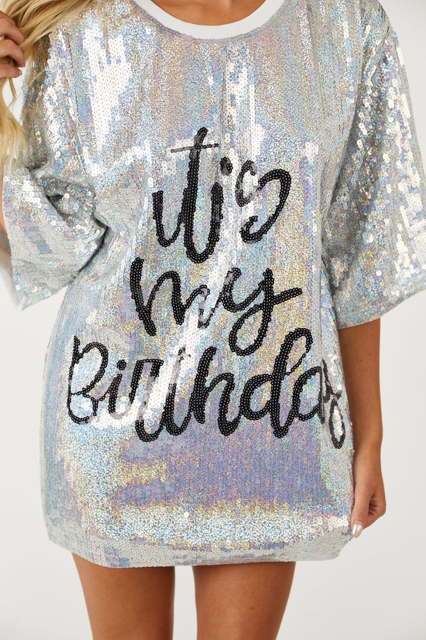 Silver 'It's My Birthday' Sequin Mini Dress
