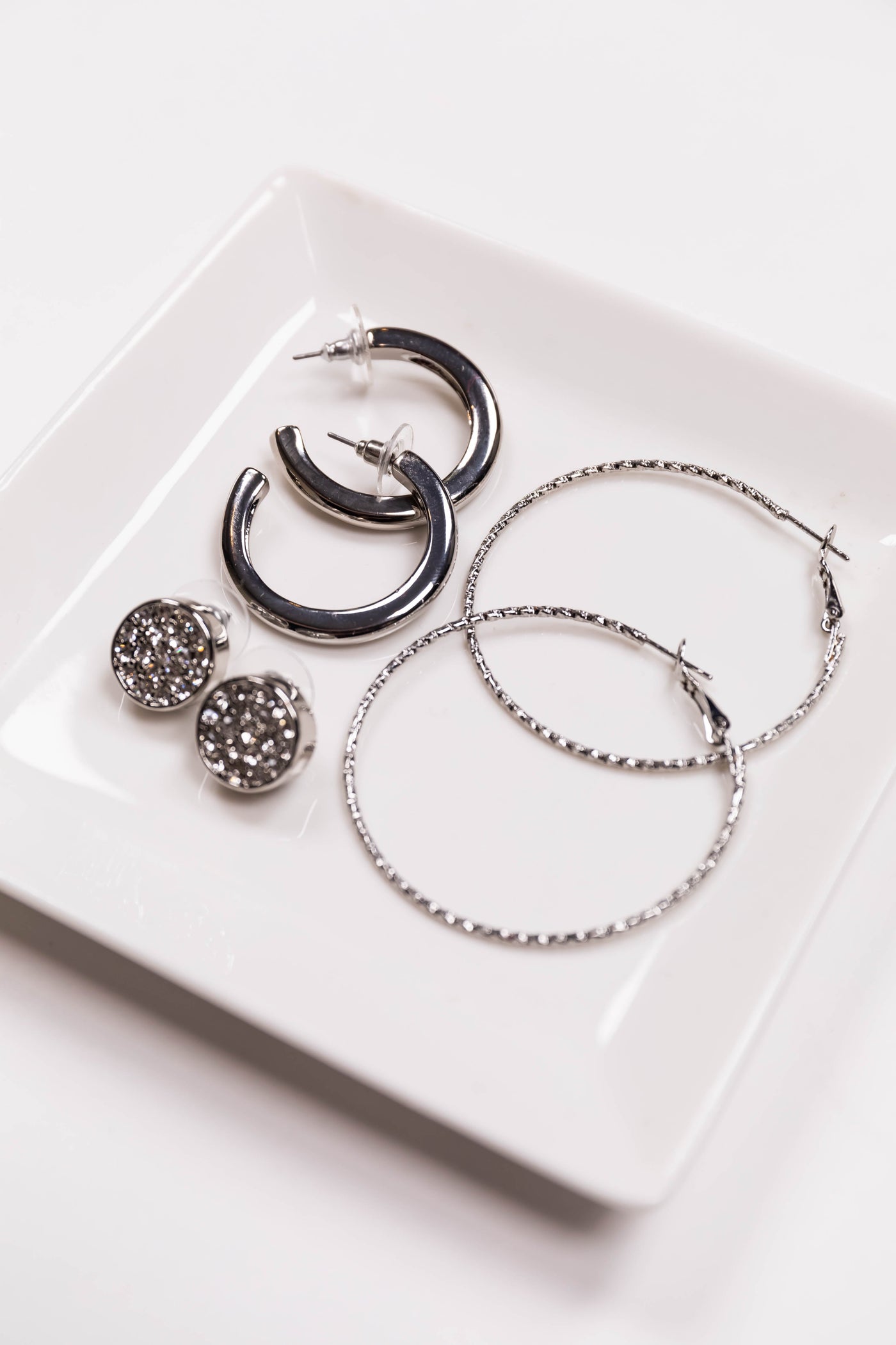 Silver 3 Stud and Hoop Earring Set