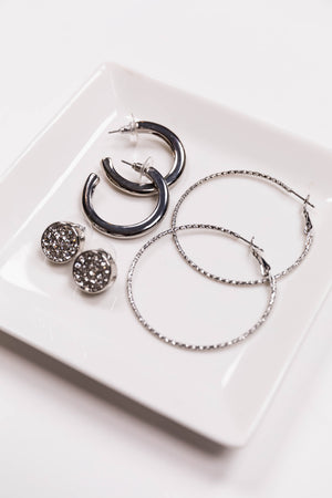 Silver 3 Stud and Hoop Earring Set