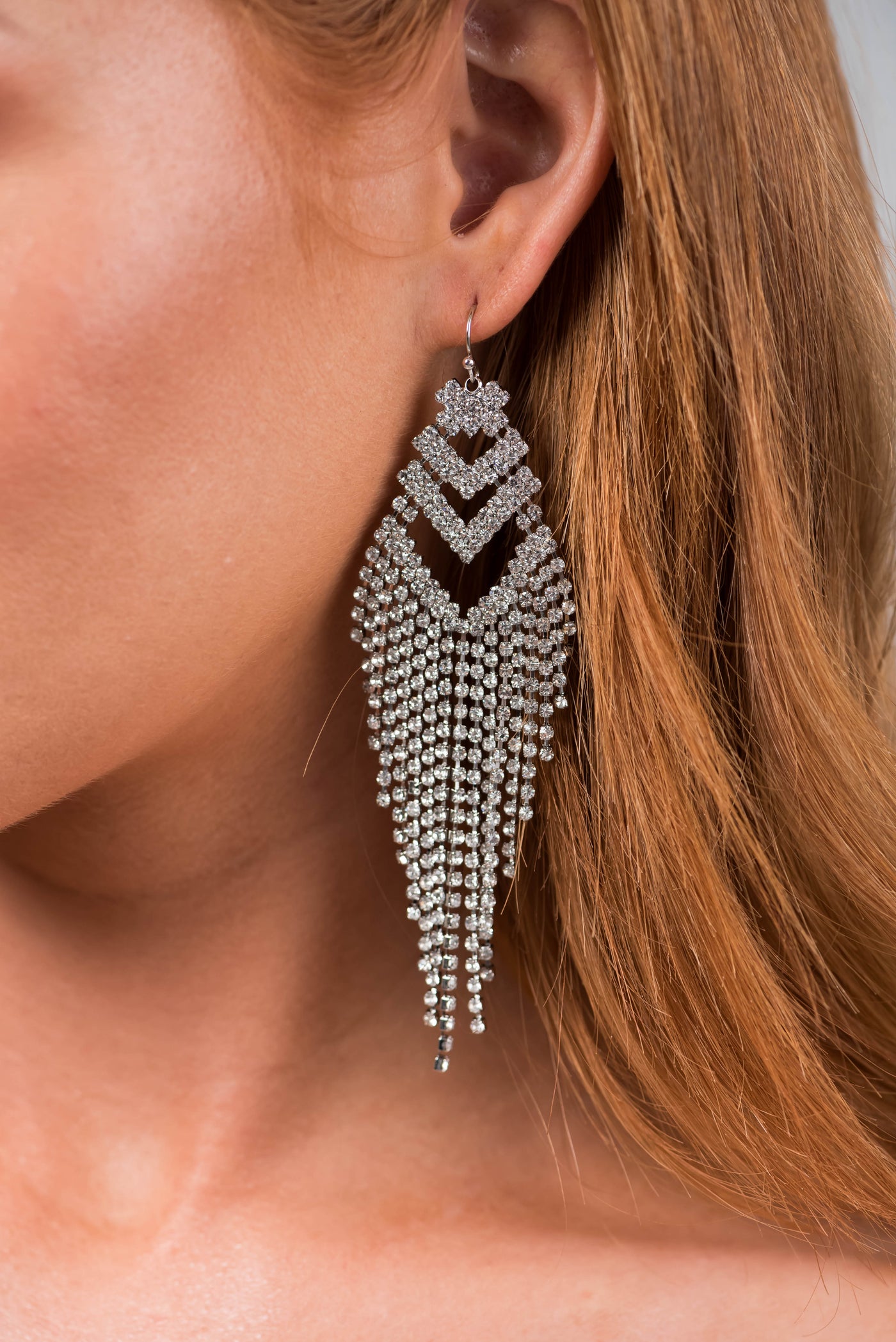 Silver Chevron Rhinestone Fringe Dangle Earrings