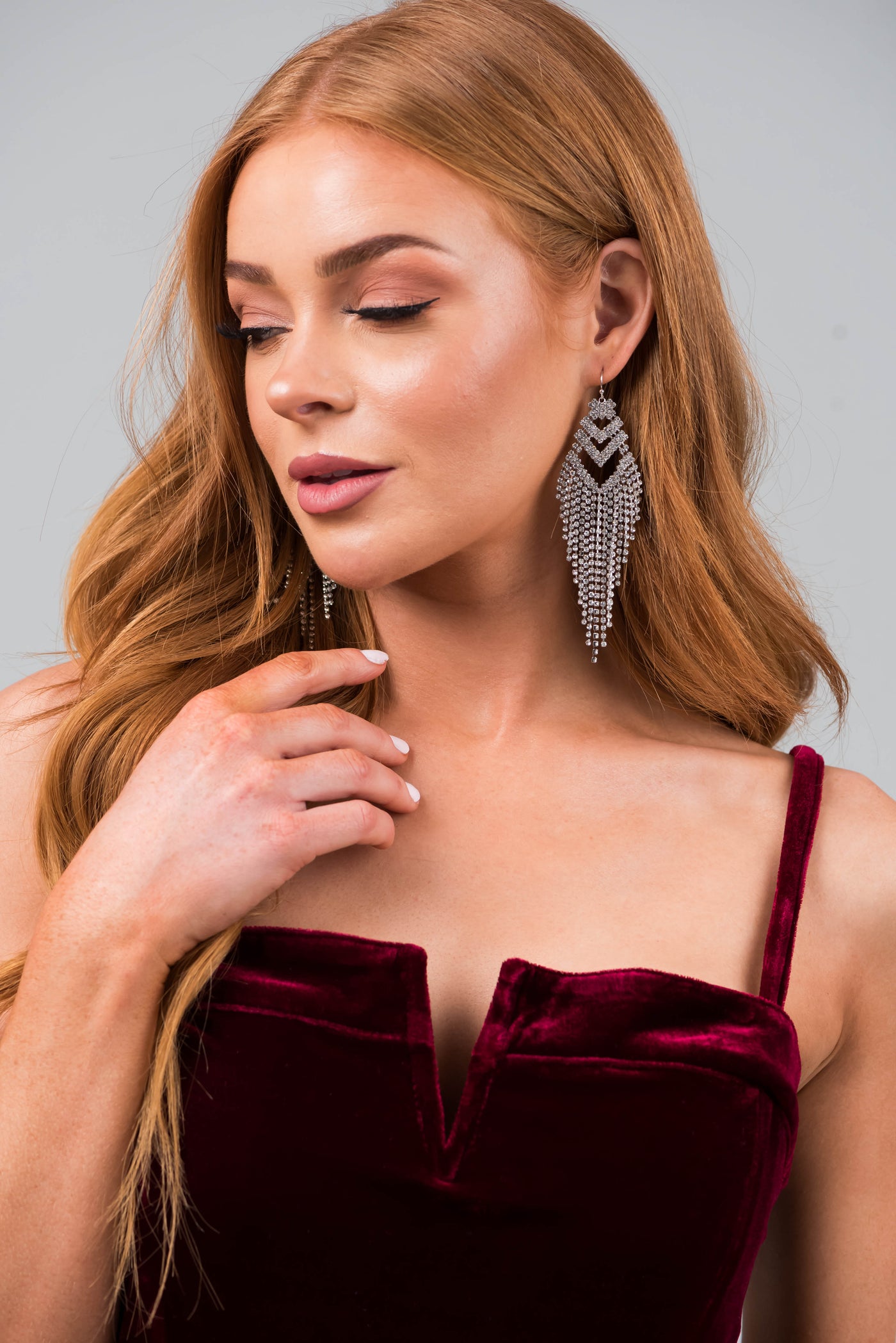 Silver Chevron Rhinestone Fringe Dangle Earrings