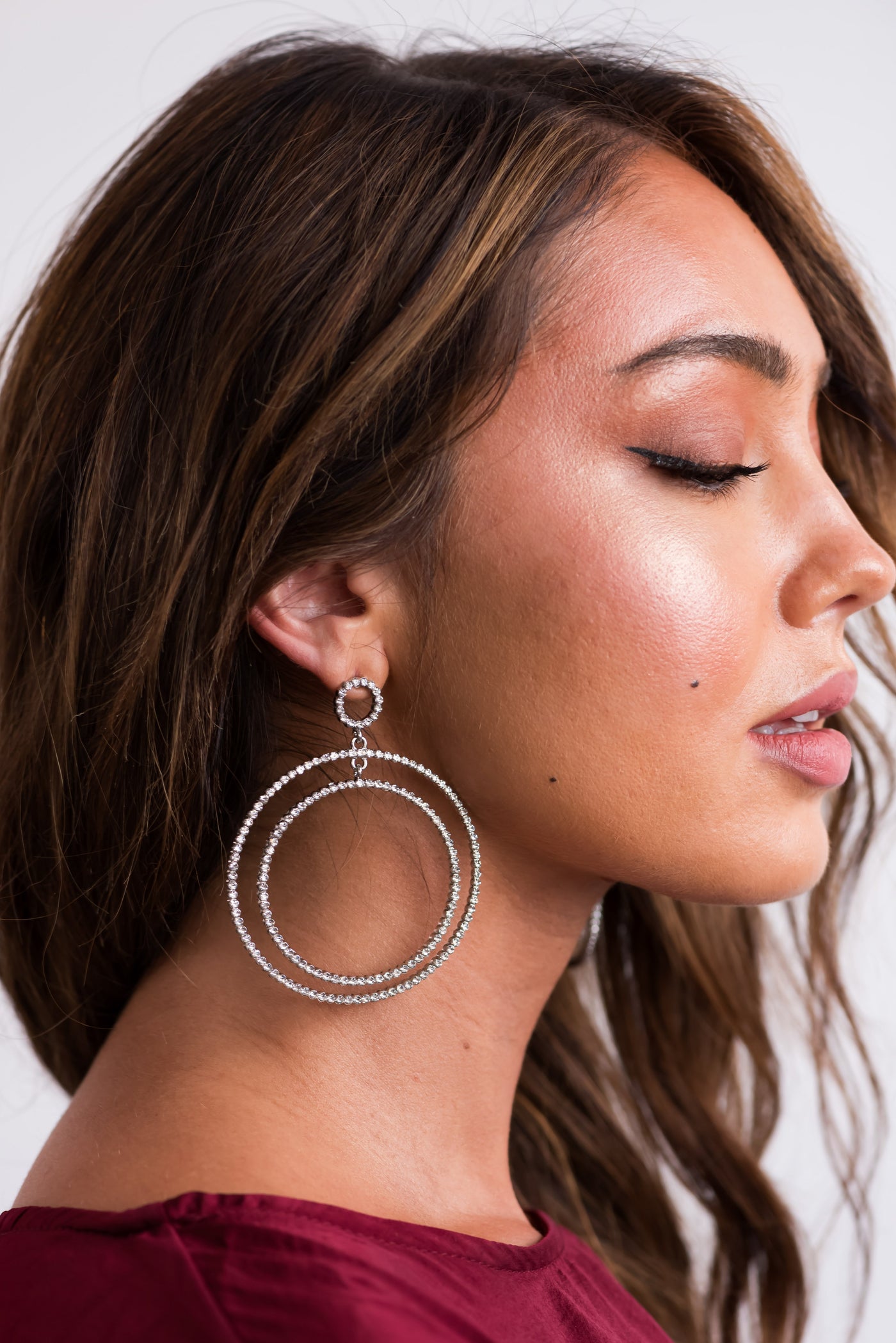 Silver Rhinestone Double Hoop Dangle Earrings