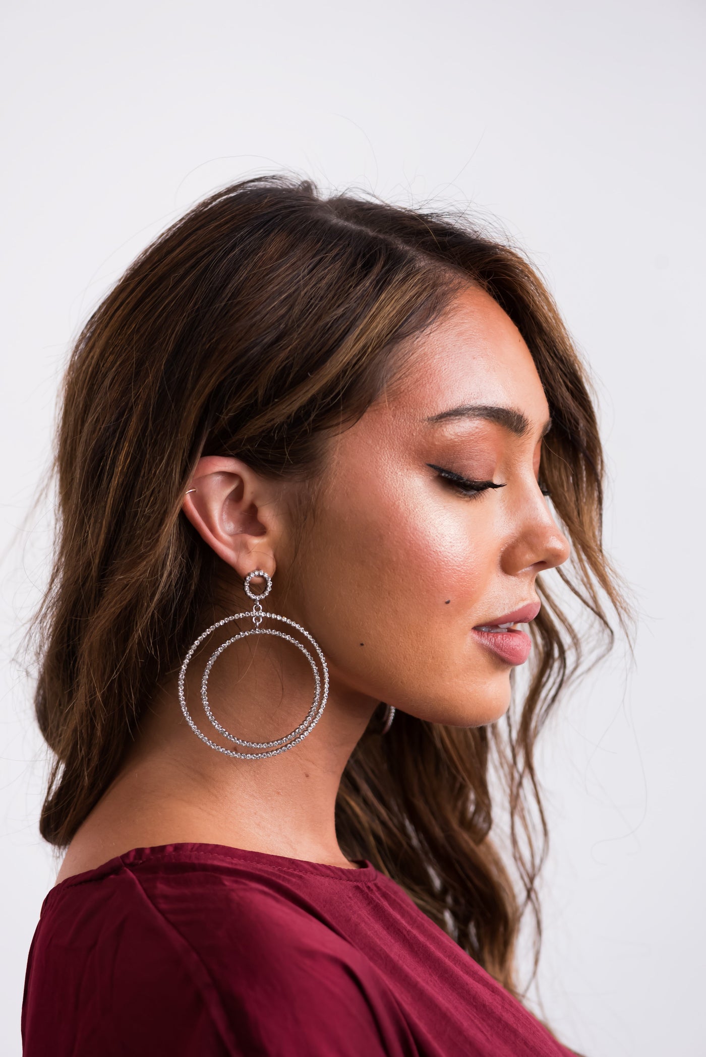 Silver Rhinestone Double Hoop Dangle Earrings