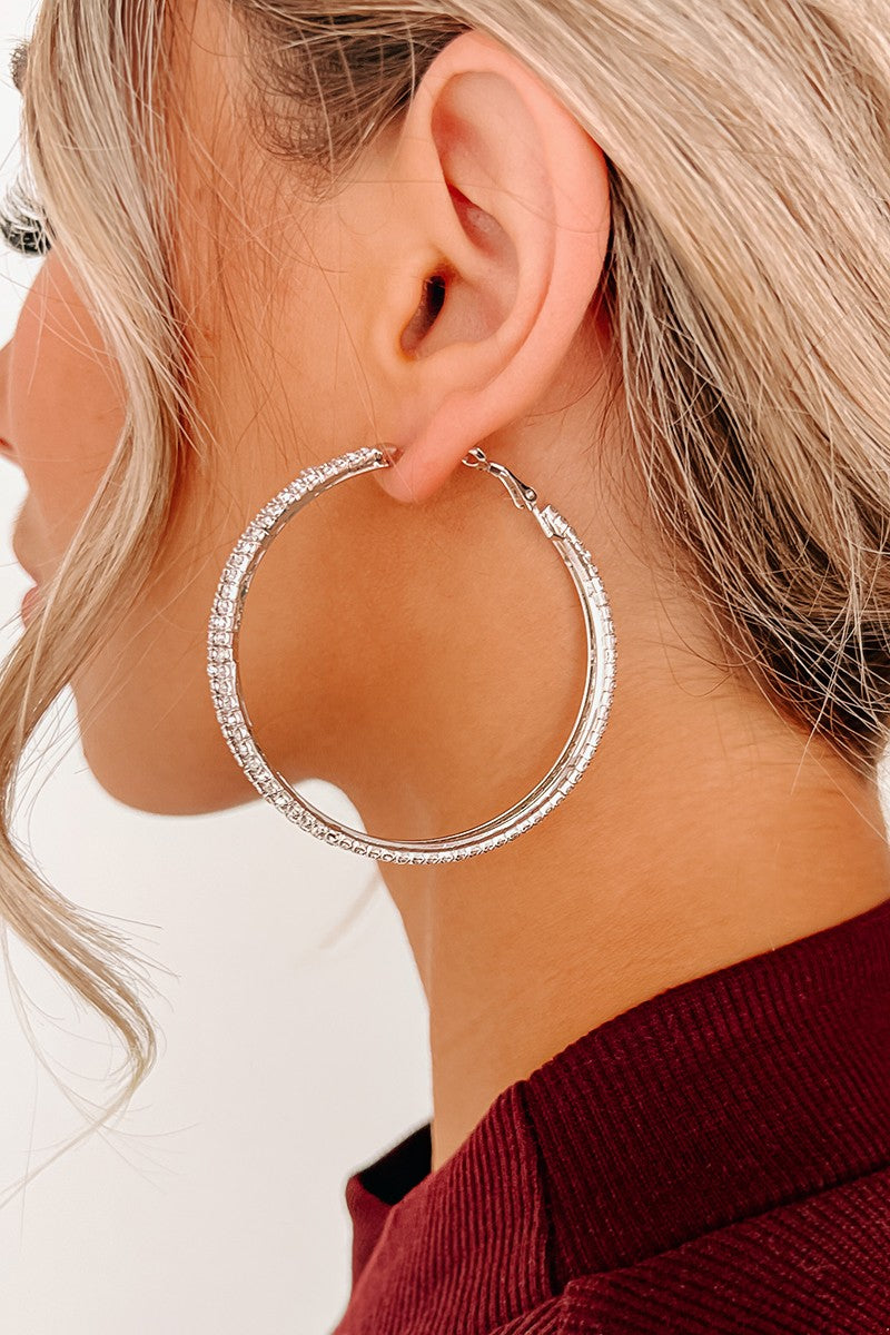 Silver Rhinestone Double Hoop Earrings