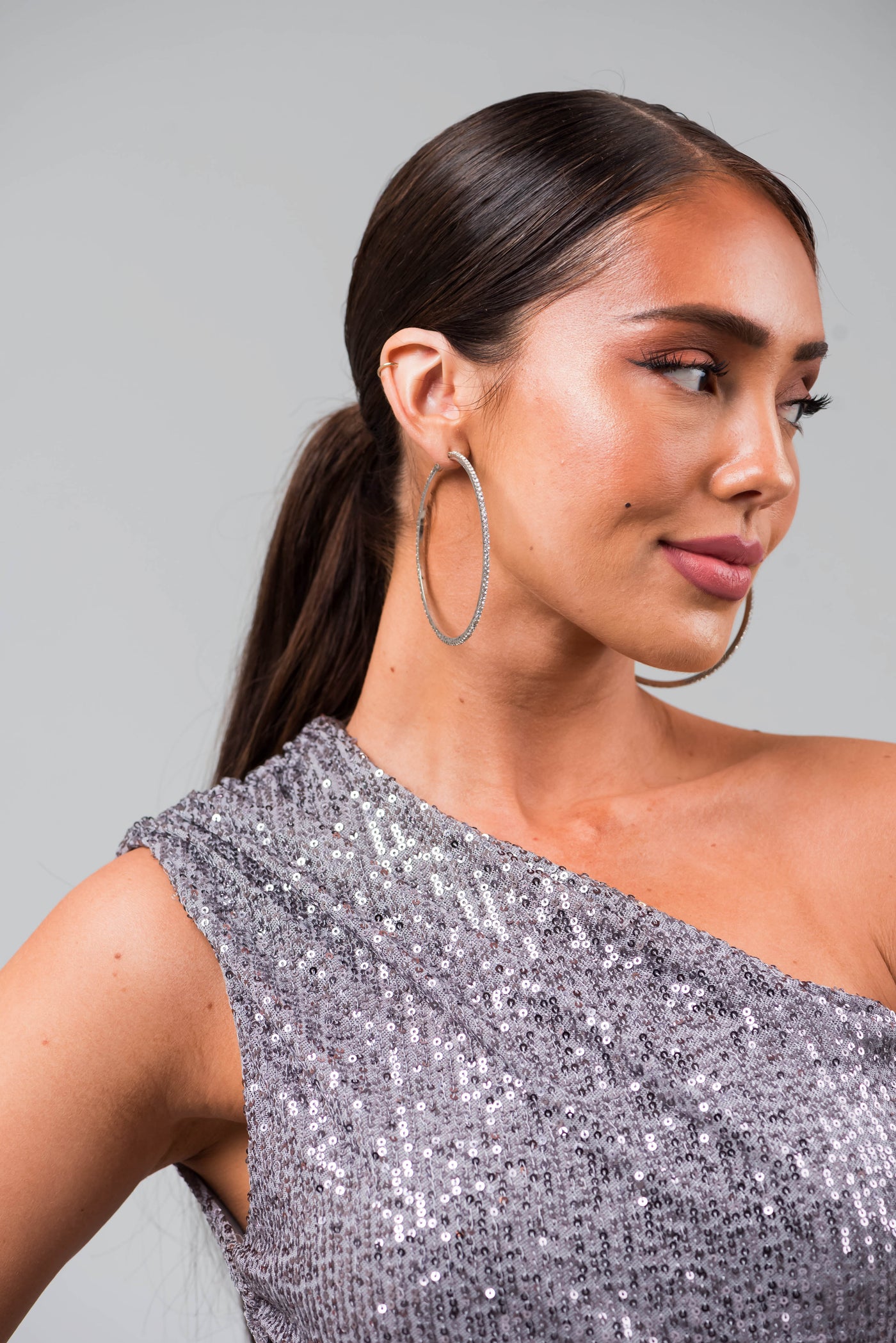 Silver Rhinestone Paved Large Hoop Earrings