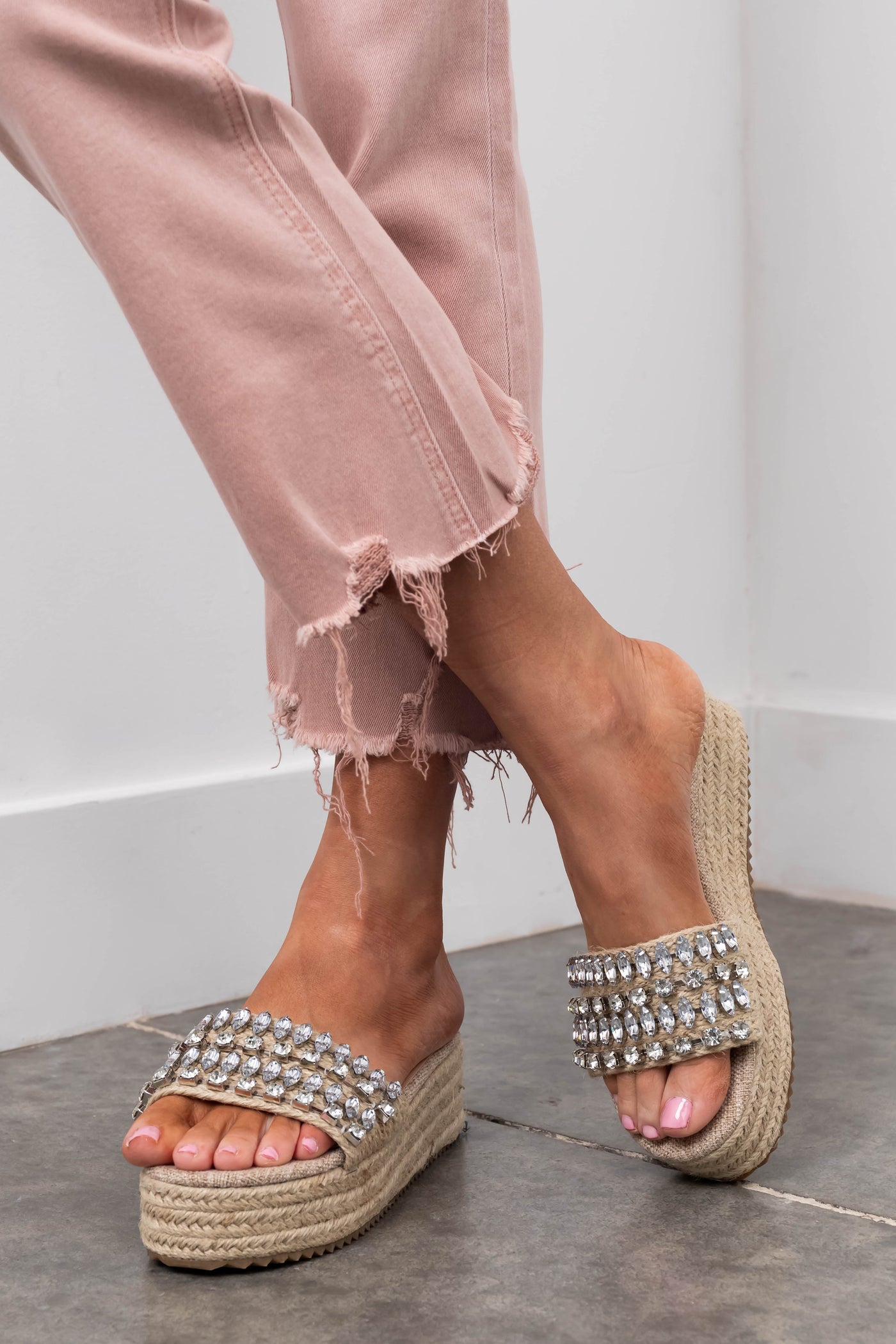 Silver and Beige Rhinestone Espadrille Sandals