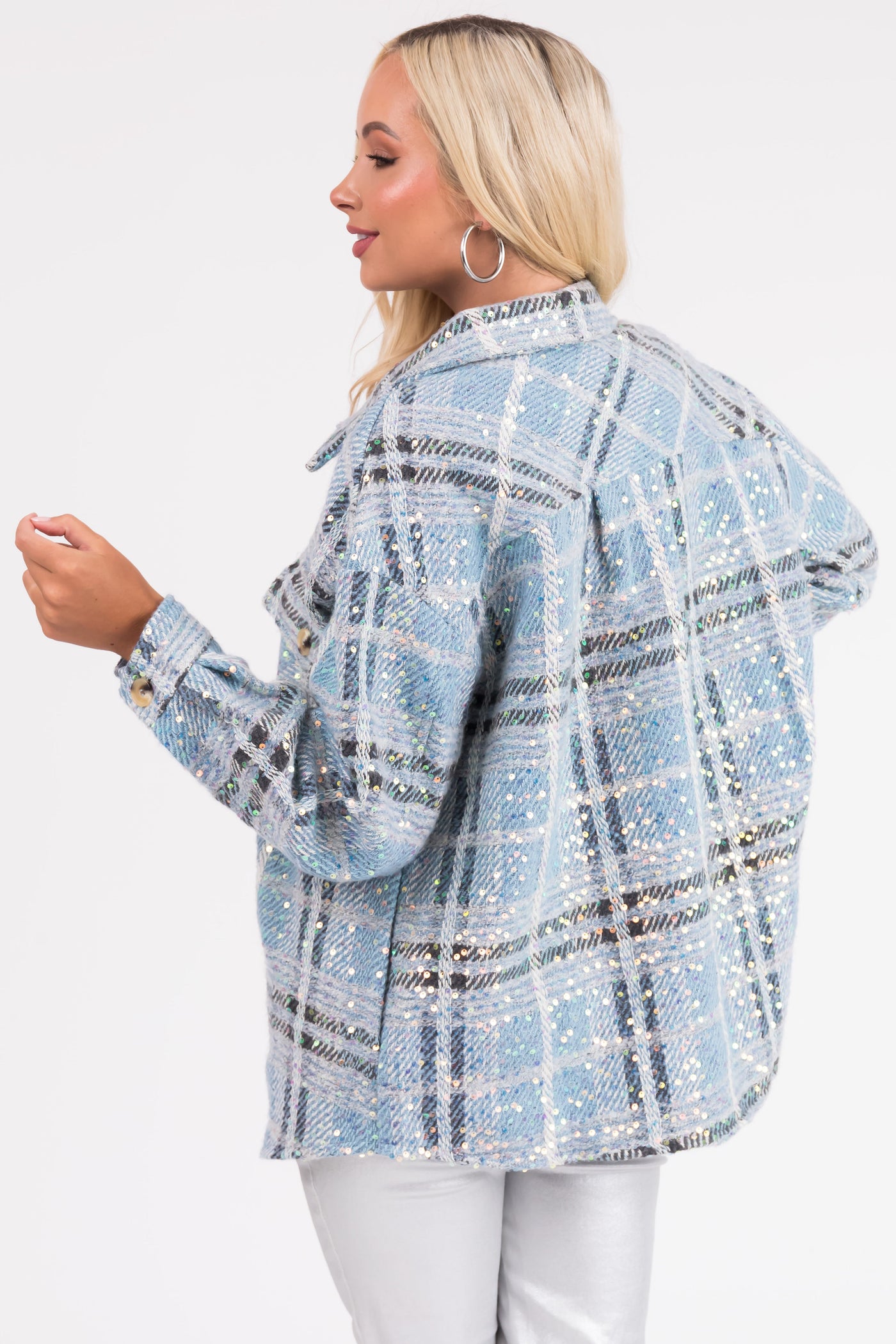 Sky Blue Sequined Plaid Button Down Shacket
