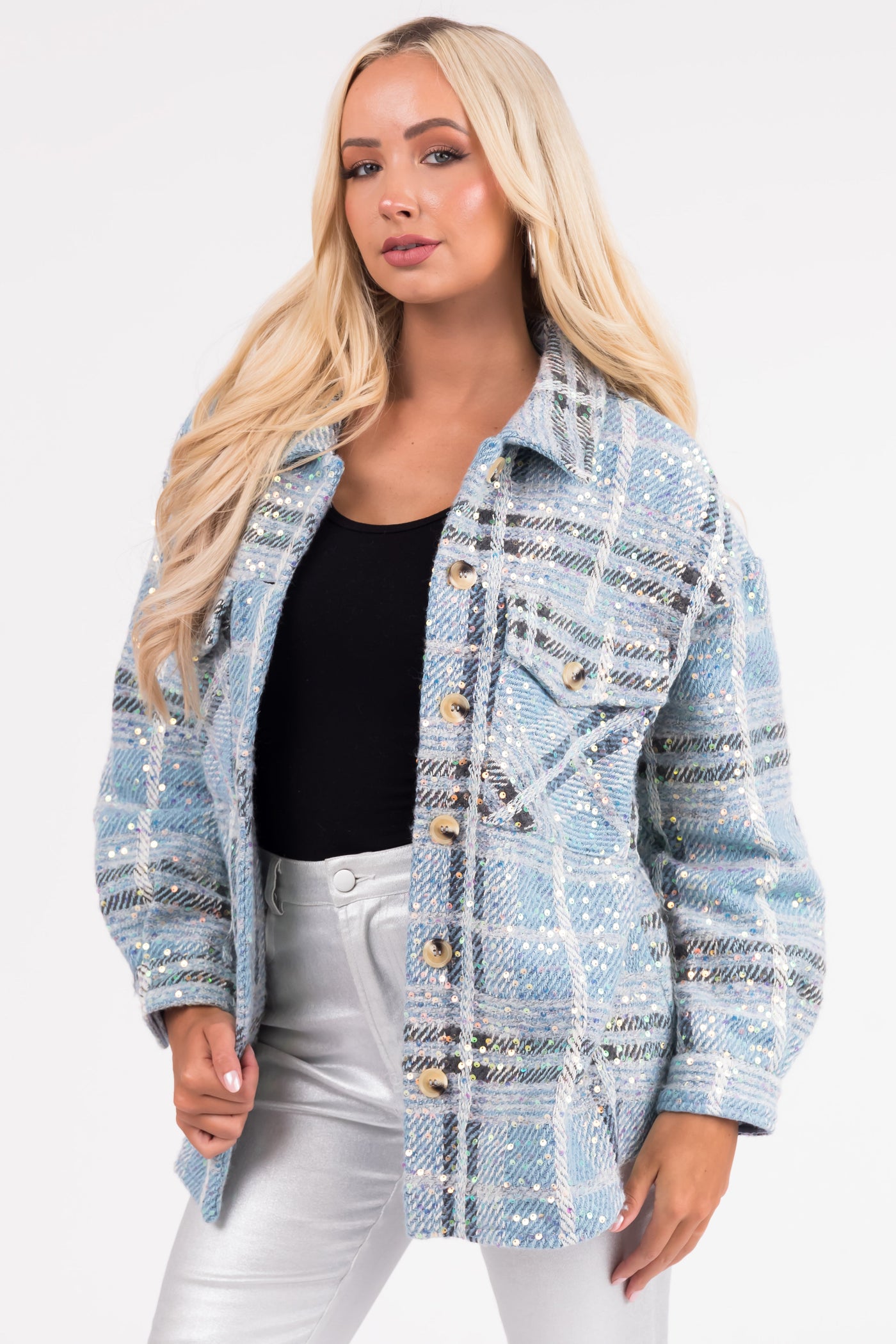 Sky Blue Sequined Plaid Button Down Shacket